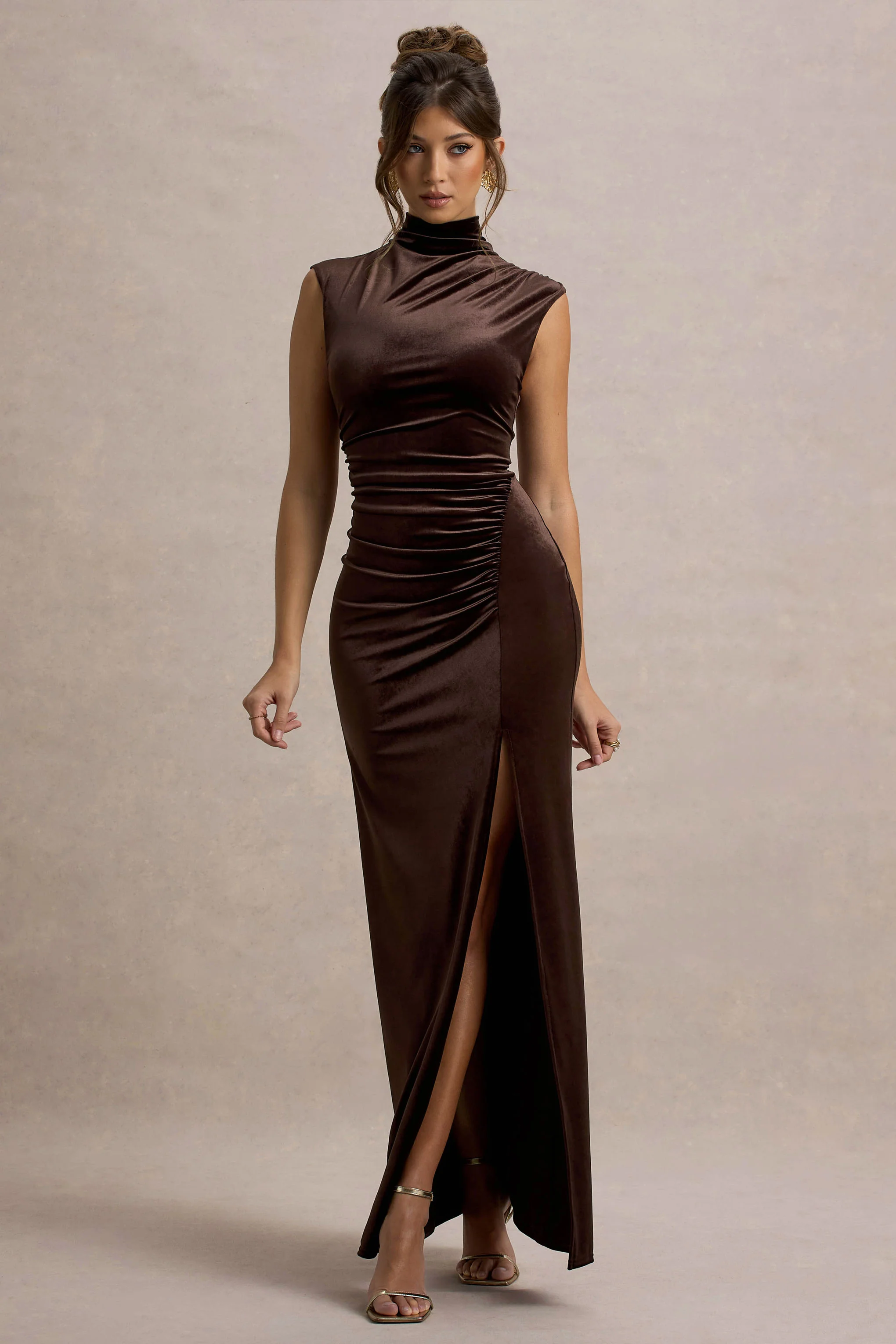 Abilene | Chocolate Velvet High-Neck Split Maxi Dress - Image 4