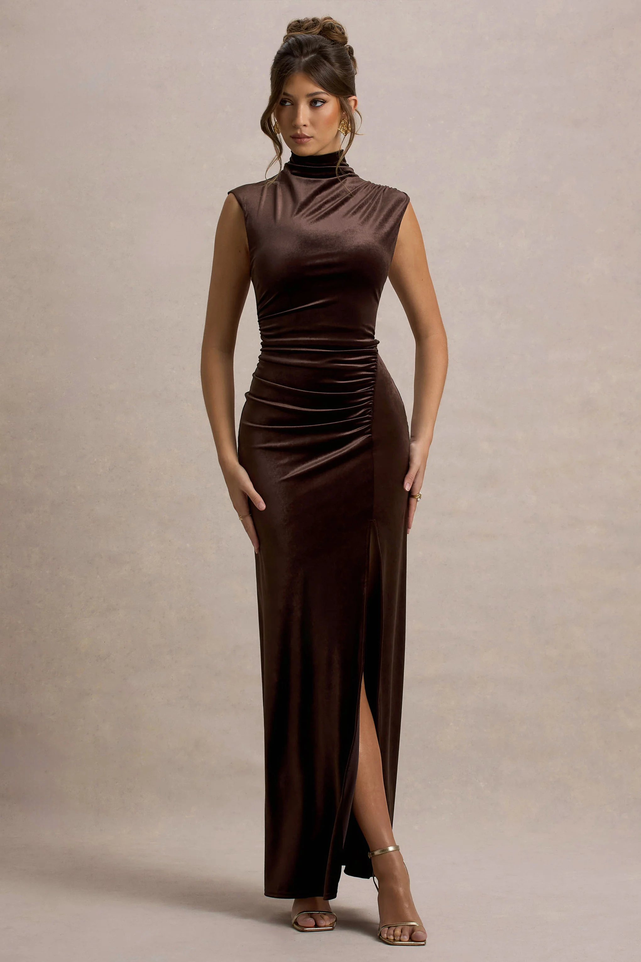 Abilene | Chocolate Velvet High-Neck Split Maxi Dress - Image 5
