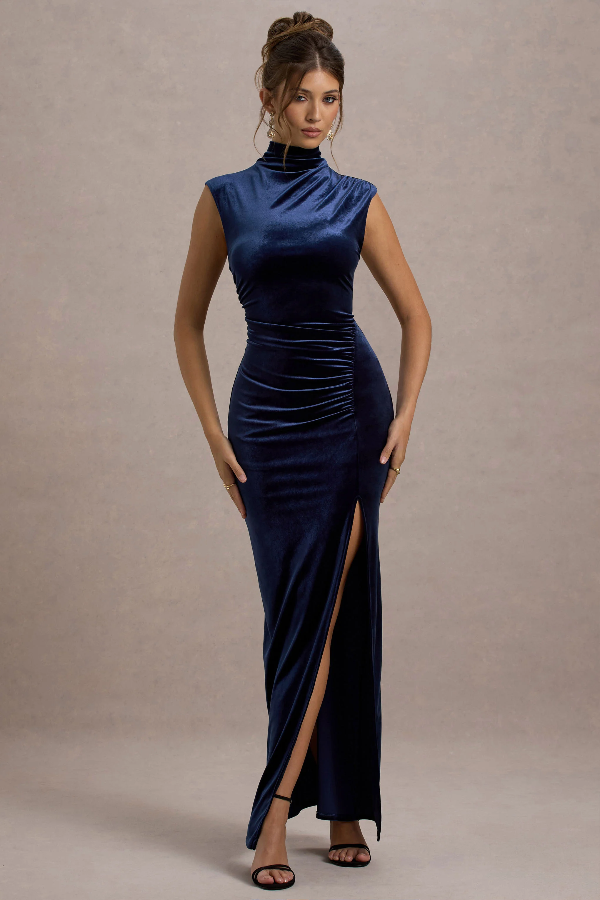 Abilene | Navy Velvet High-Neck Split Maxi Dress - Image 5