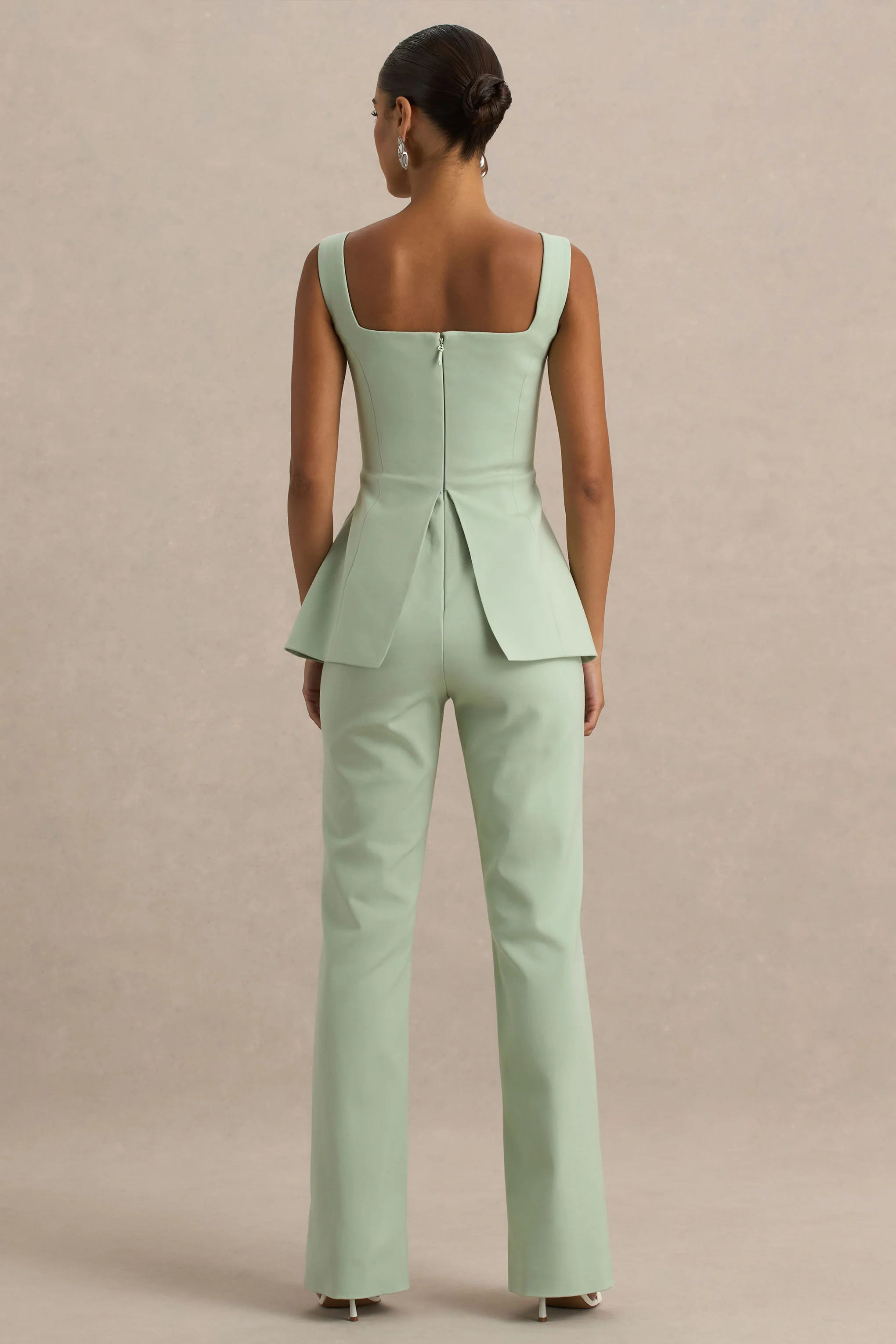 Aceline | Light Green Square-Neck Tailored Jumpsuit - Image 2