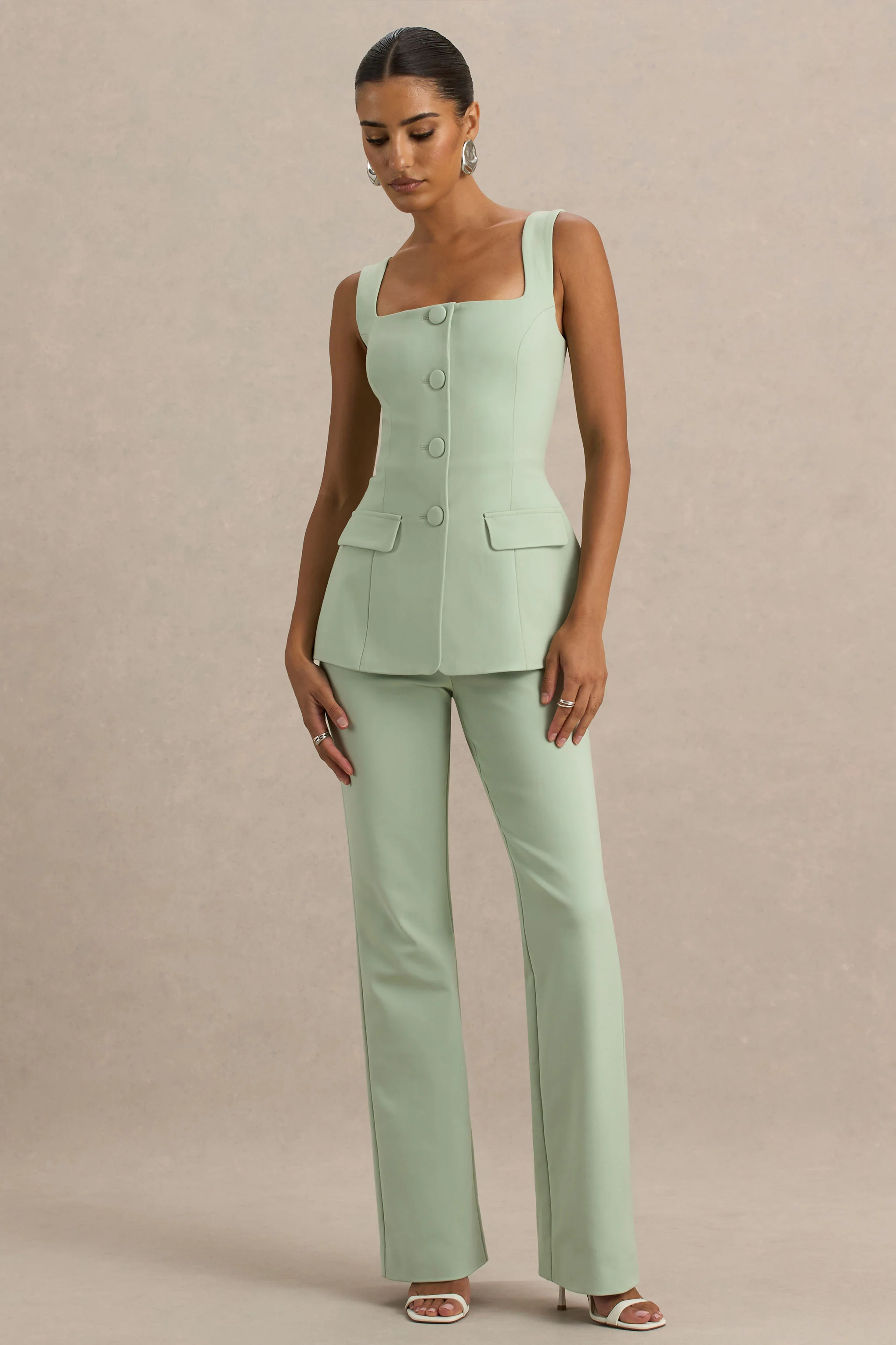 Aceline | Light Green Square-Neck Tailored Jumpsuit - Image 3