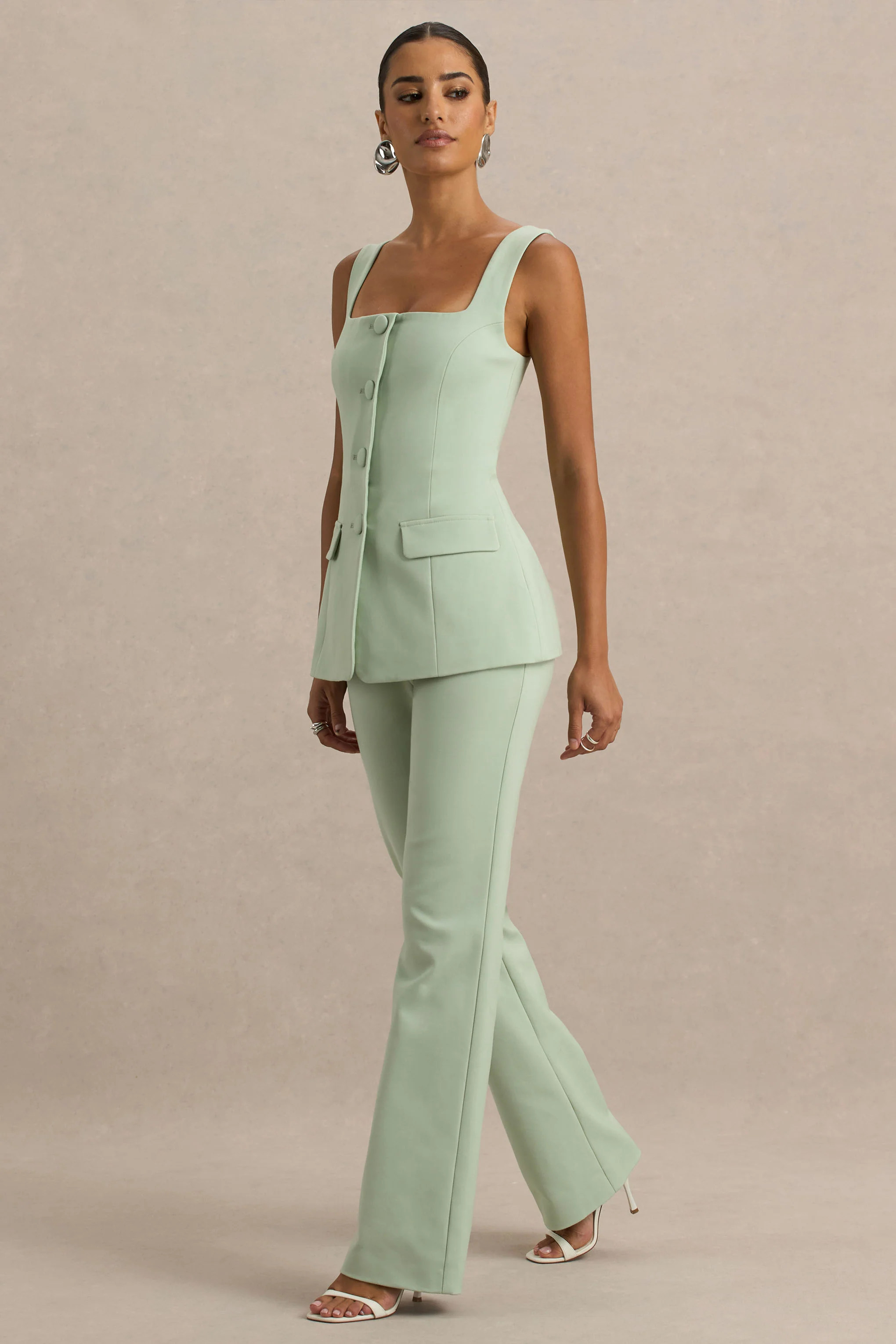 Aceline | Light Green Square-Neck Tailored Jumpsuit - Image 4