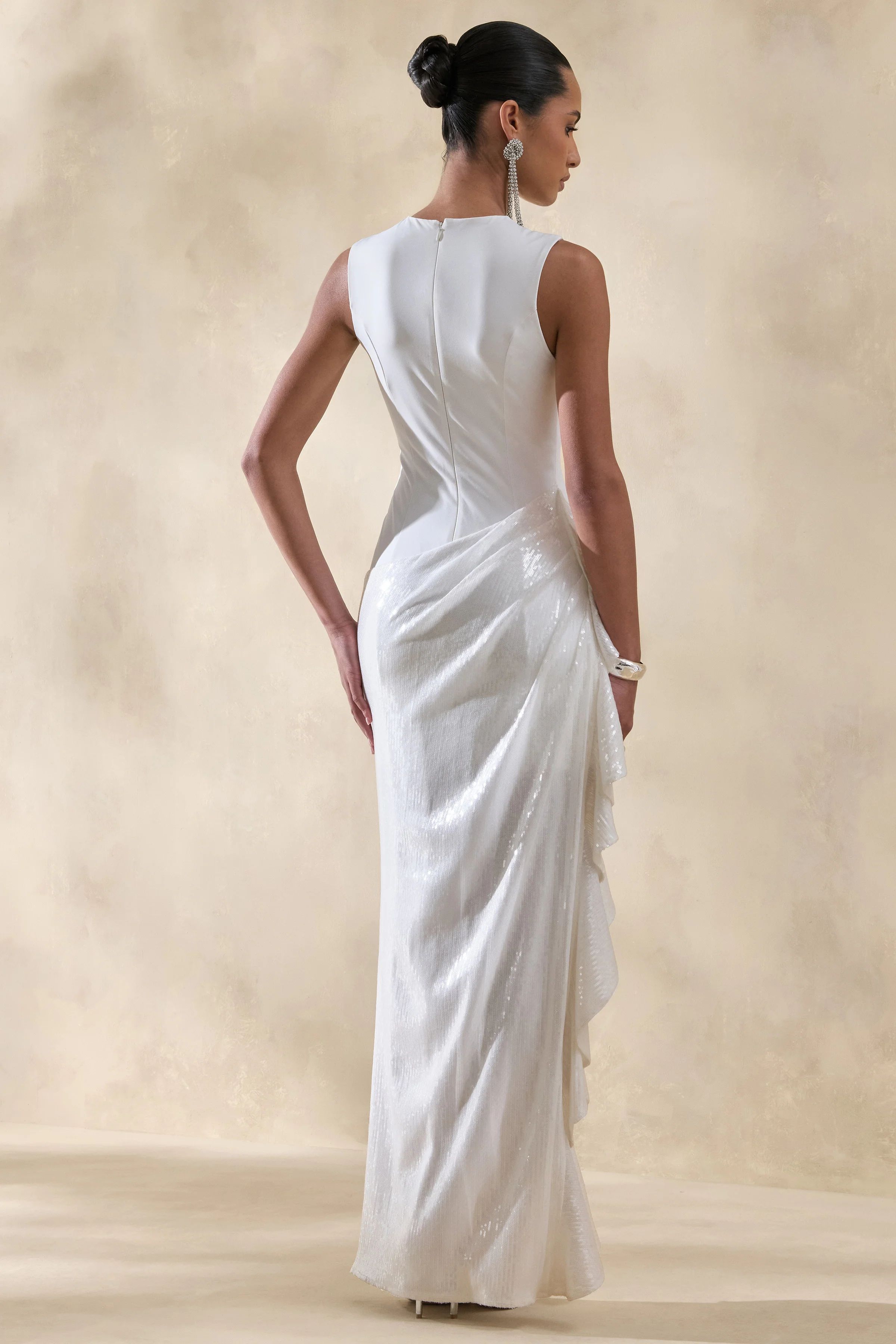 Ada | White Crew-Neck Maxi Dress With Sheer Skirt And Ruffled Detailing - Image 2
