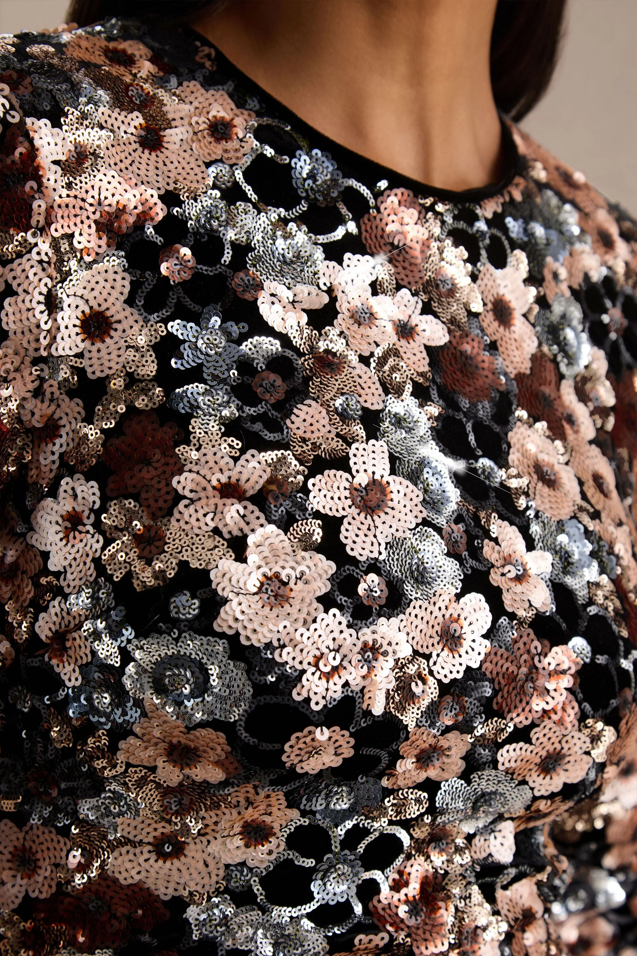 Adaline | Black Velvet & Embellished Sequin Floral Long-Sleeved Mini Dress - Image 6