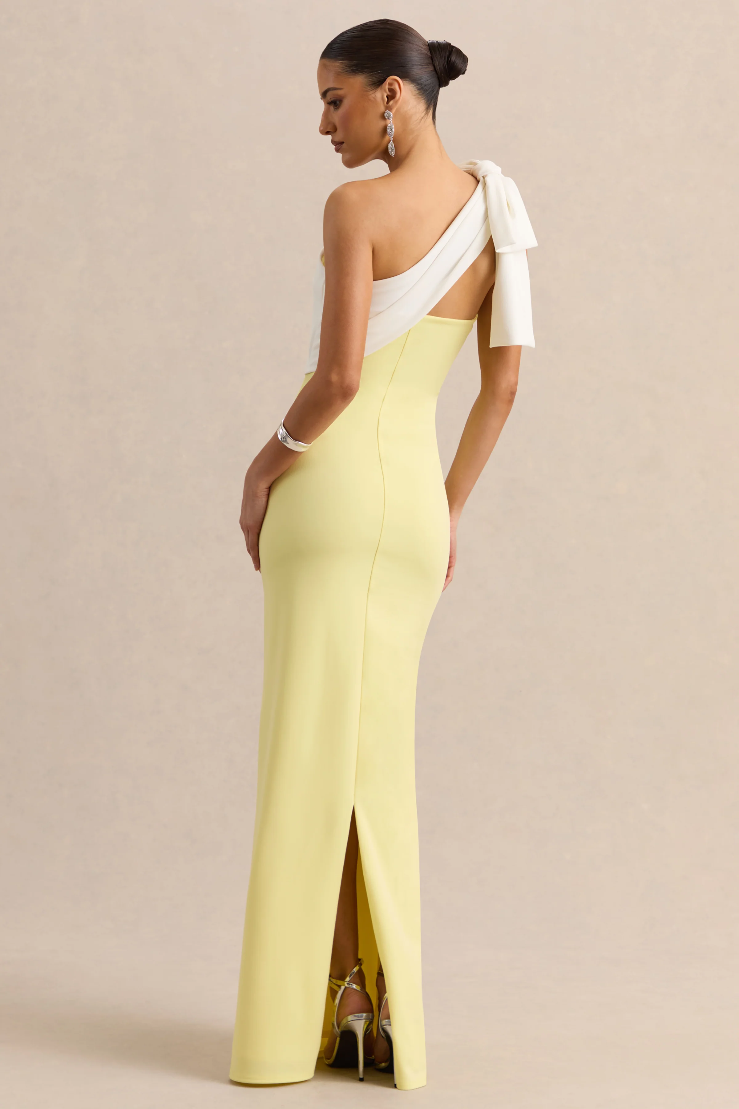 Adara | Lemon & White Asymmetric-Neck Maxi Dress With Bow-Detail - Image 2