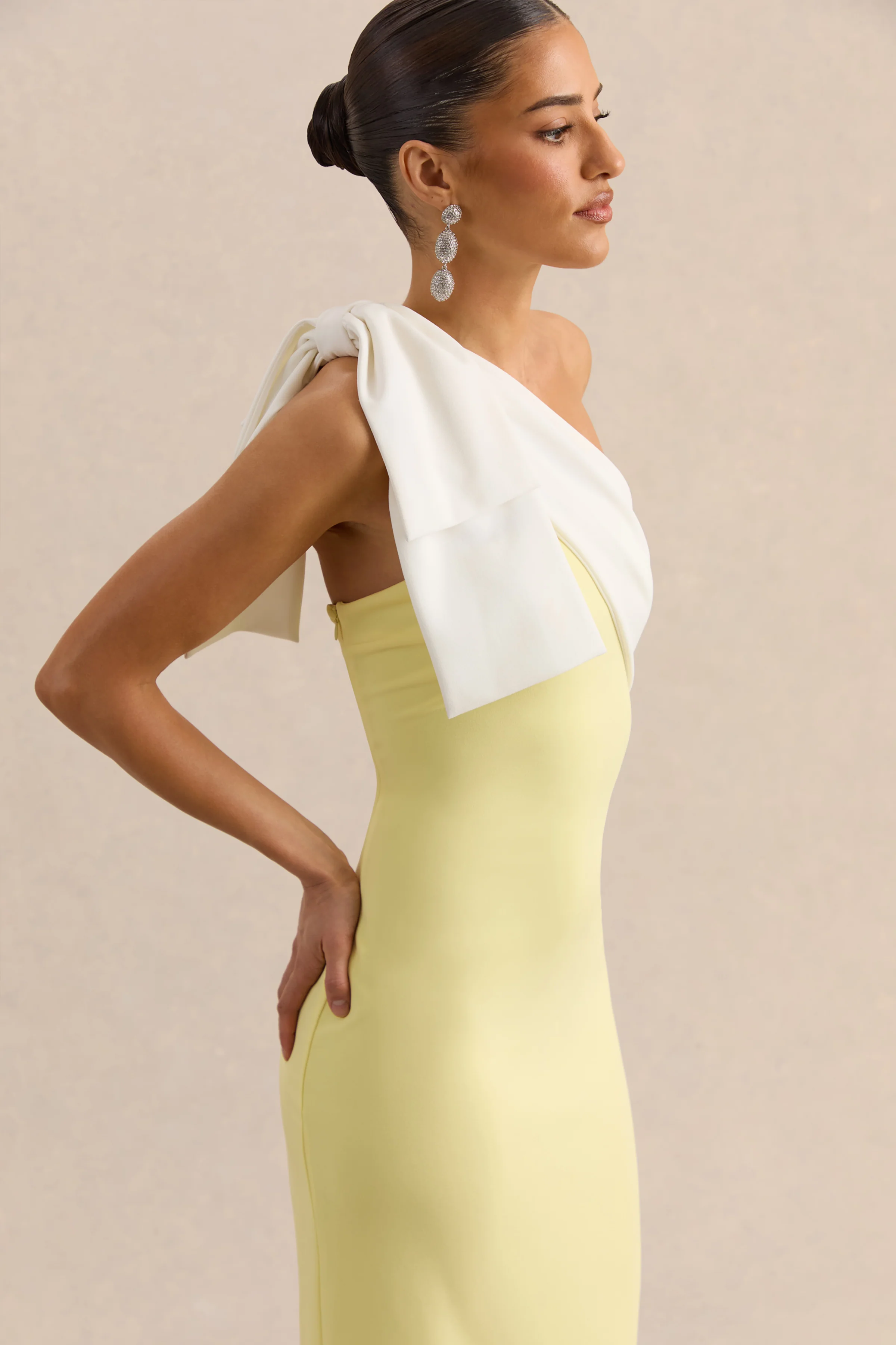 Adara | Lemon & White Asymmetric-Neck Maxi Dress With Bow-Detail - Image 3