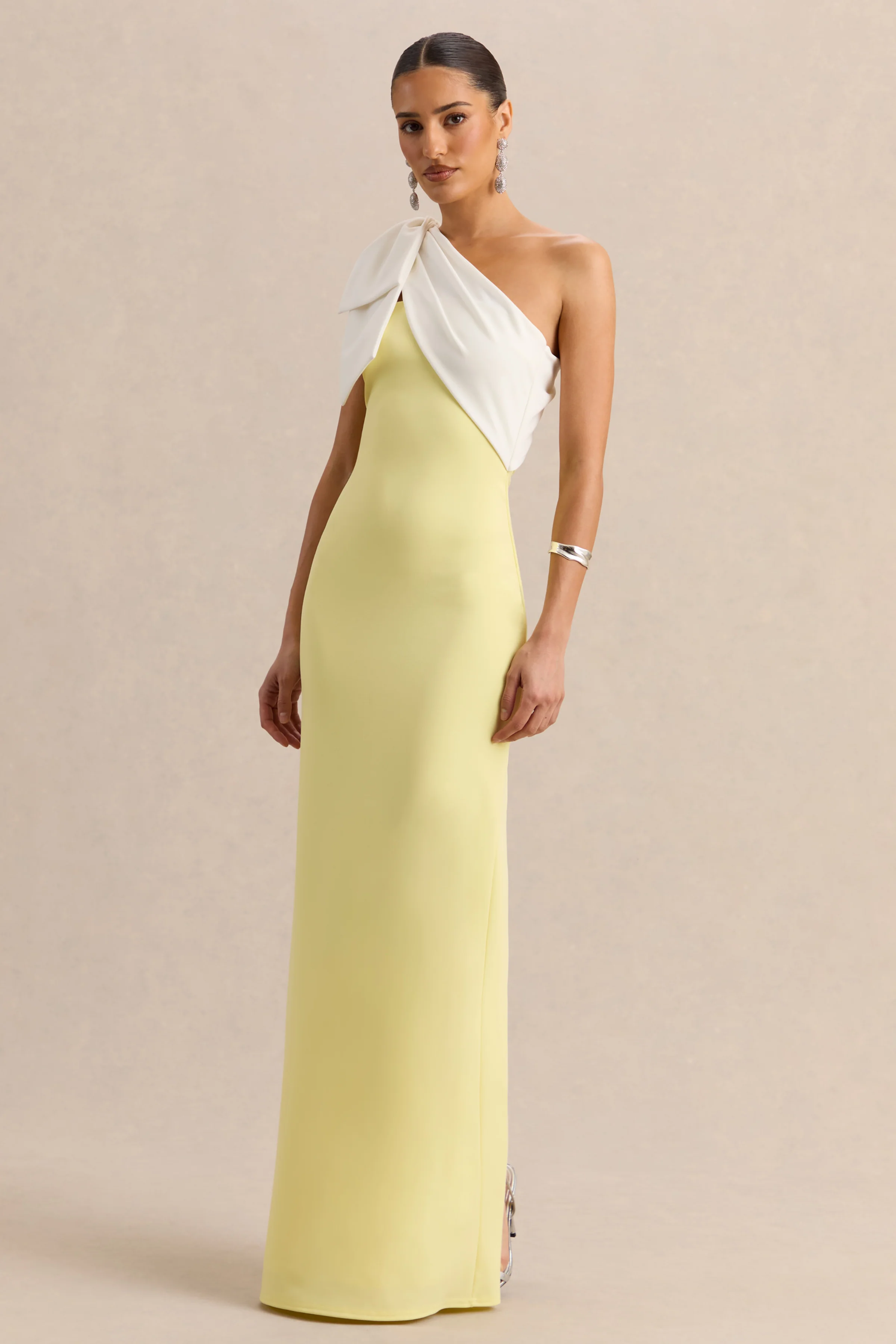 Adara | Lemon & White Asymmetric-Neck Maxi Dress With Bow-Detail - Image 4