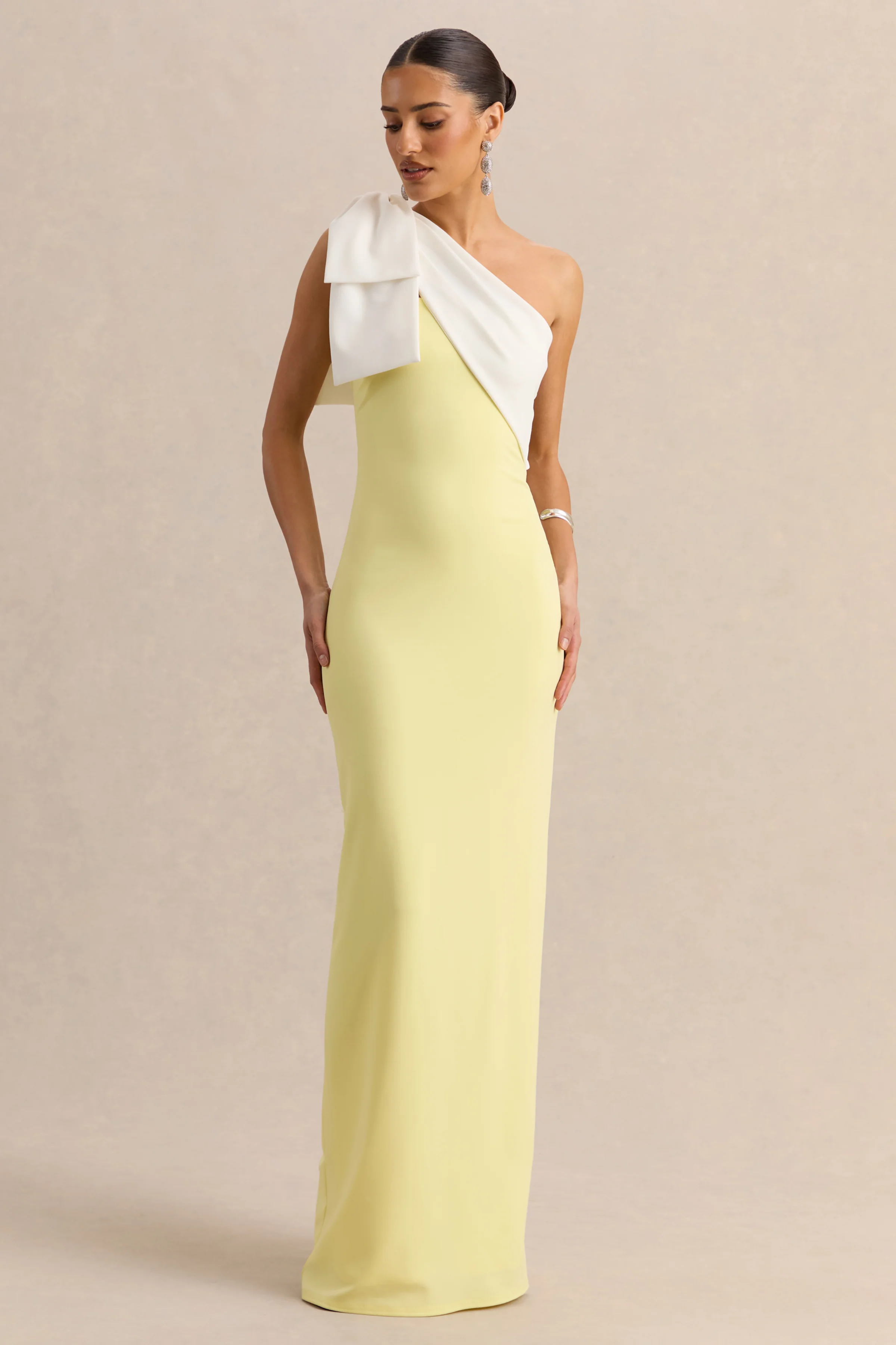 Adara | Lemon & White Asymmetric-Neck Maxi Dress With Bow-Detail - Image 6
