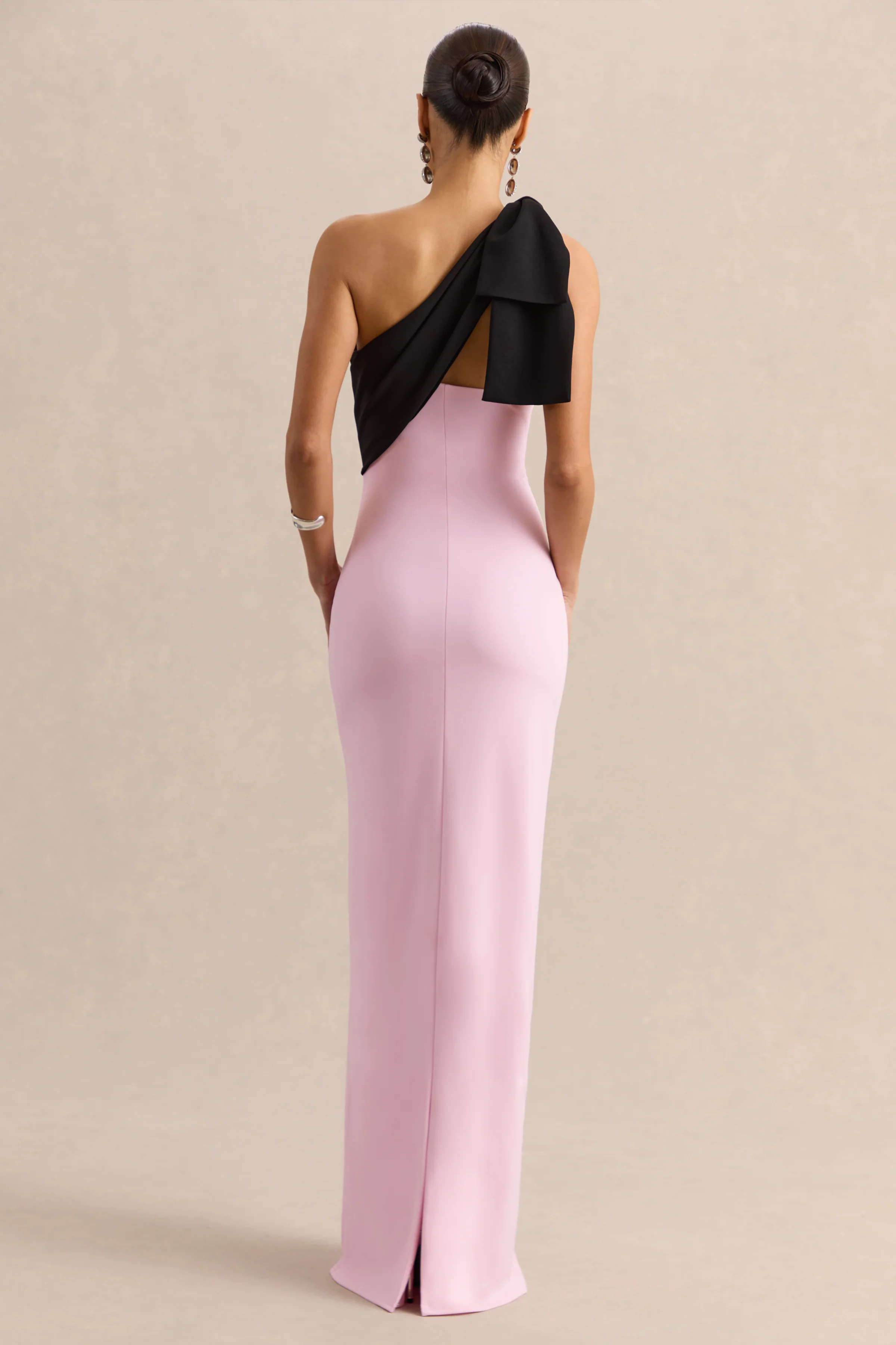 Adara | Pink & Black Asymmetric-Neck Maxi Dress With Bow-Detail - Image 2