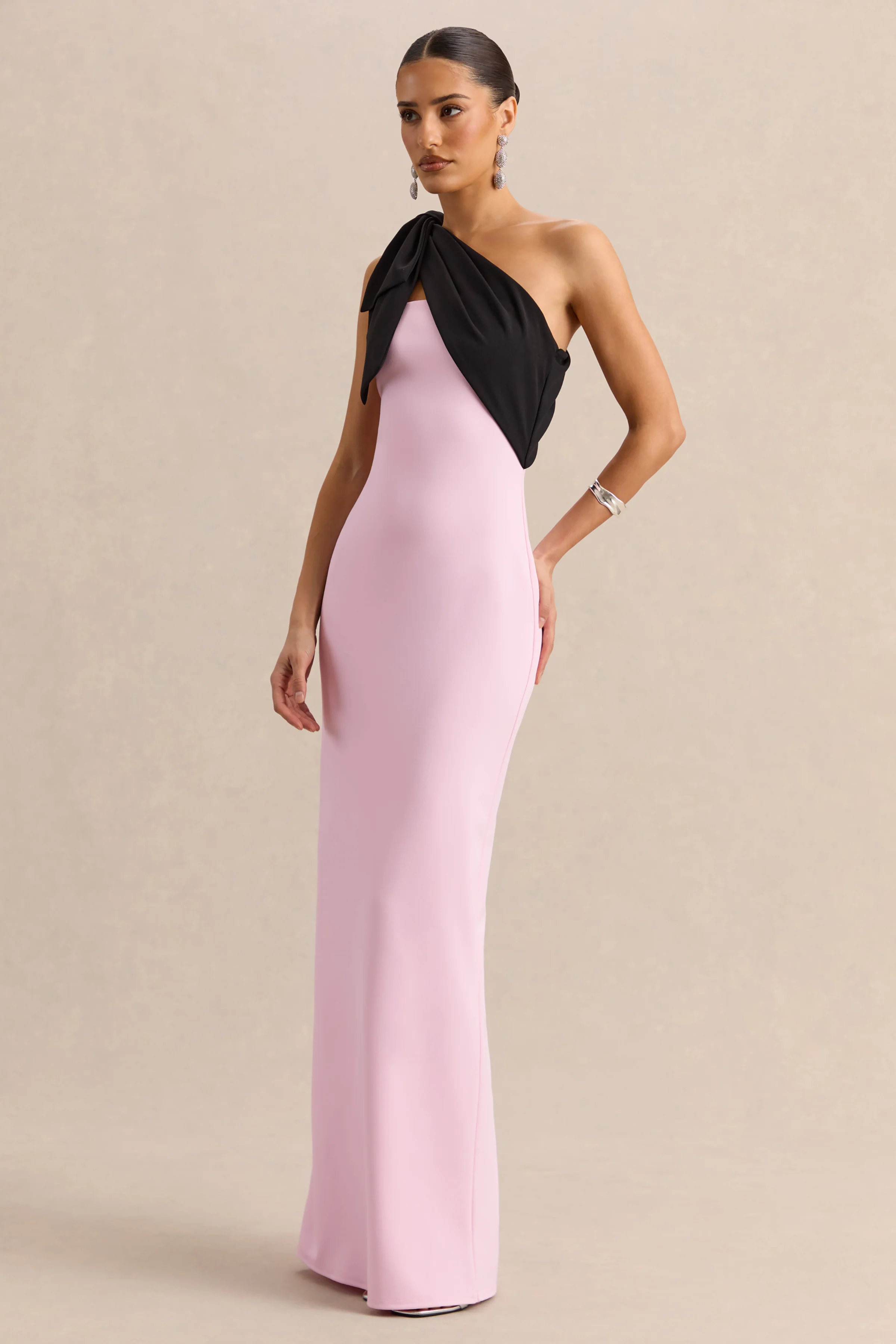 Adara | Pink & Black Asymmetric-Neck Maxi Dress With Bow-Detail - Image 4