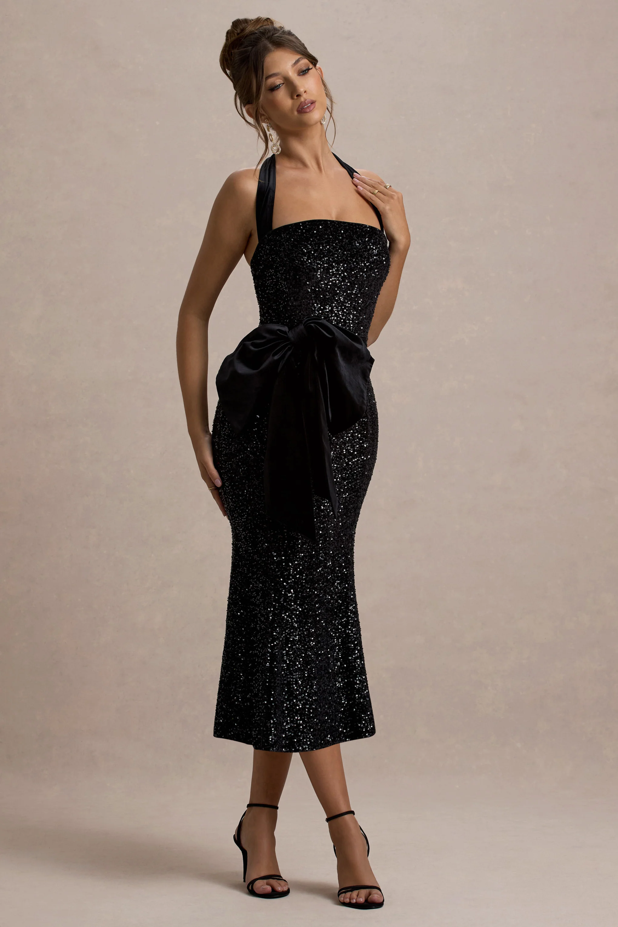 Adee | Black Velvet Halter-Neck Midi Dress With Bow - Image 4