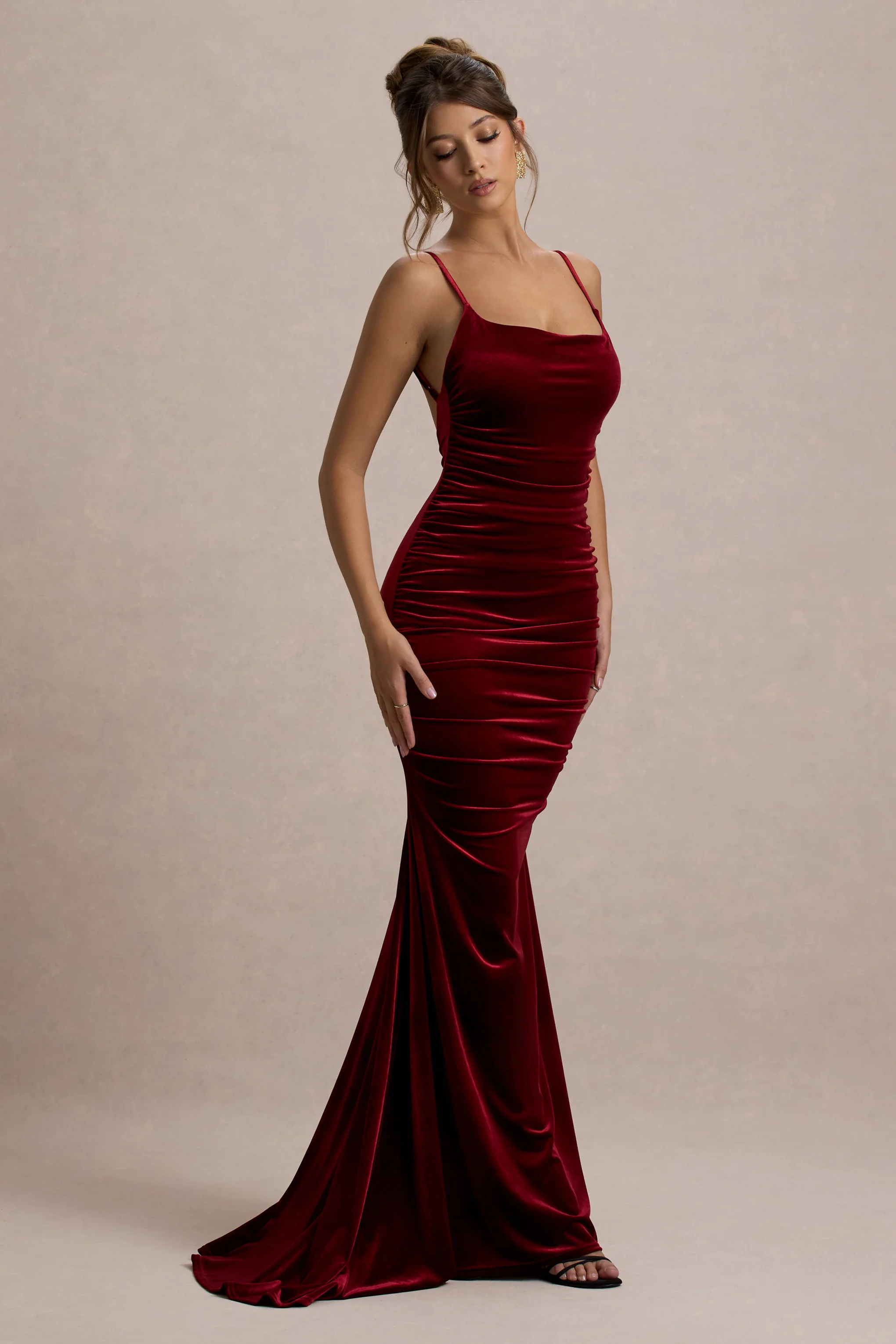 Adele | Berry Velvet Ruched Strappy Fishtail Maxi Dress - Image 4
