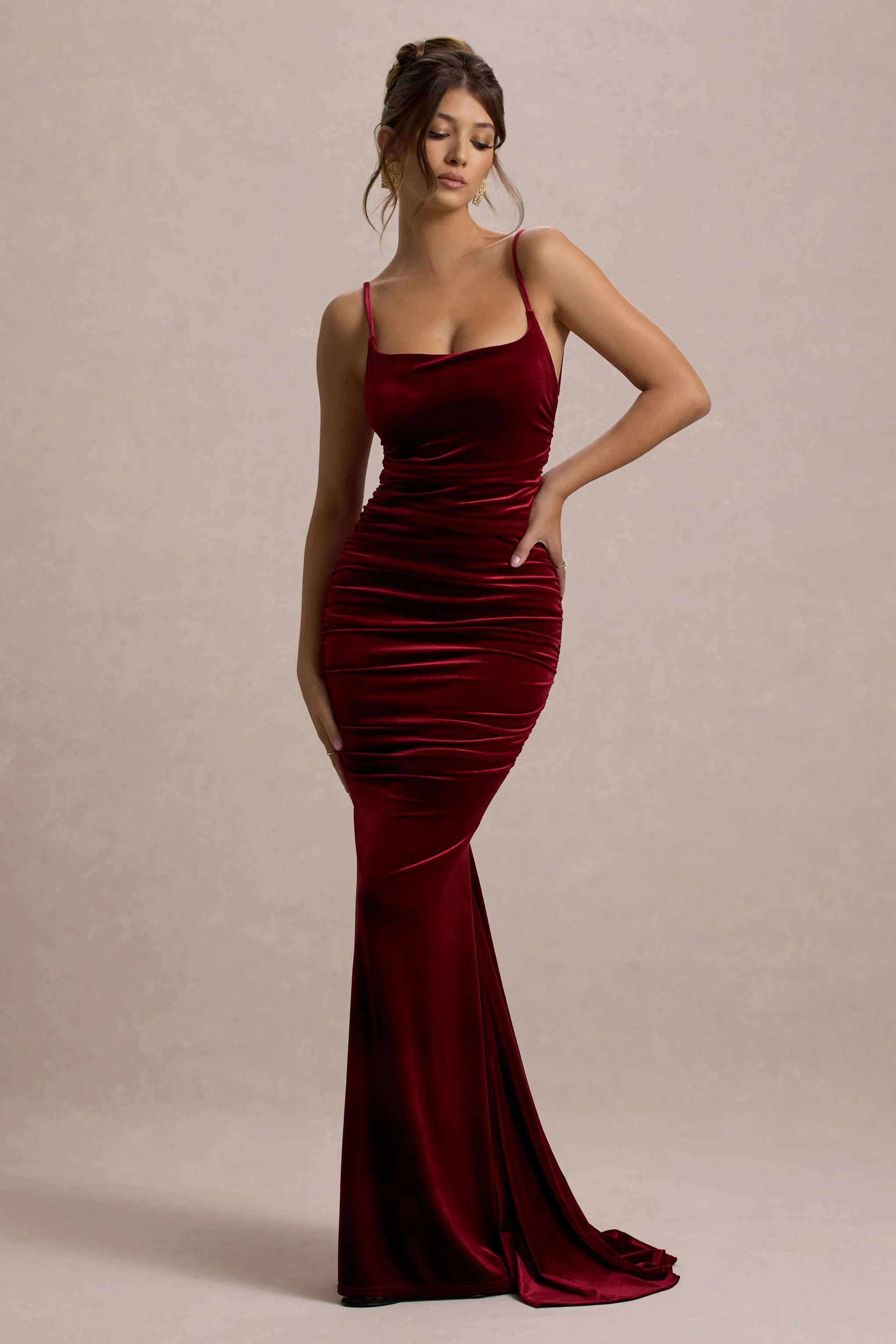 Adele | Berry Velvet Ruched Strappy Fishtail Maxi Dress - Image 5
