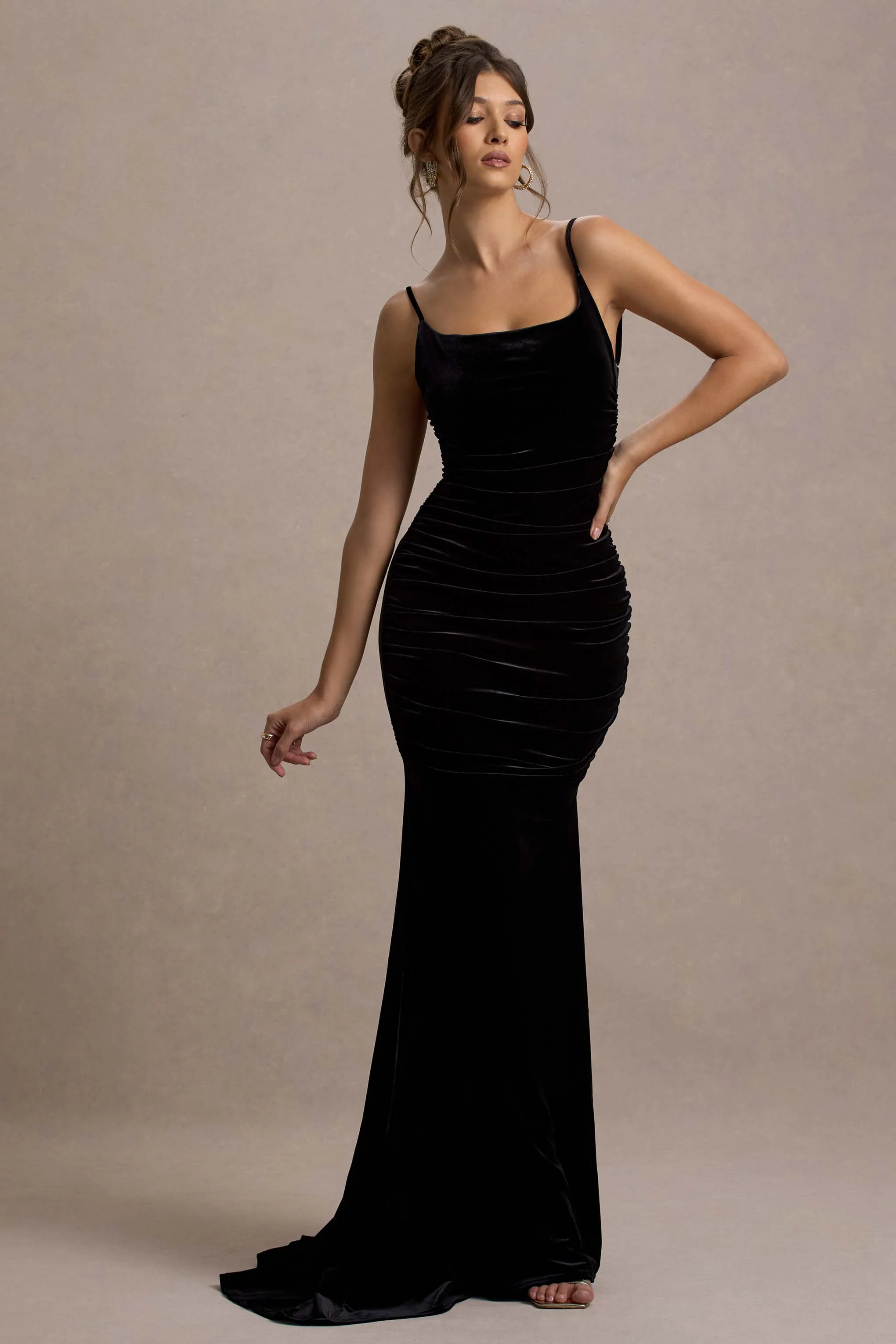 Adele | Black Velvet Ruched Strappy Fishtail Maxi Dress - Image 4
