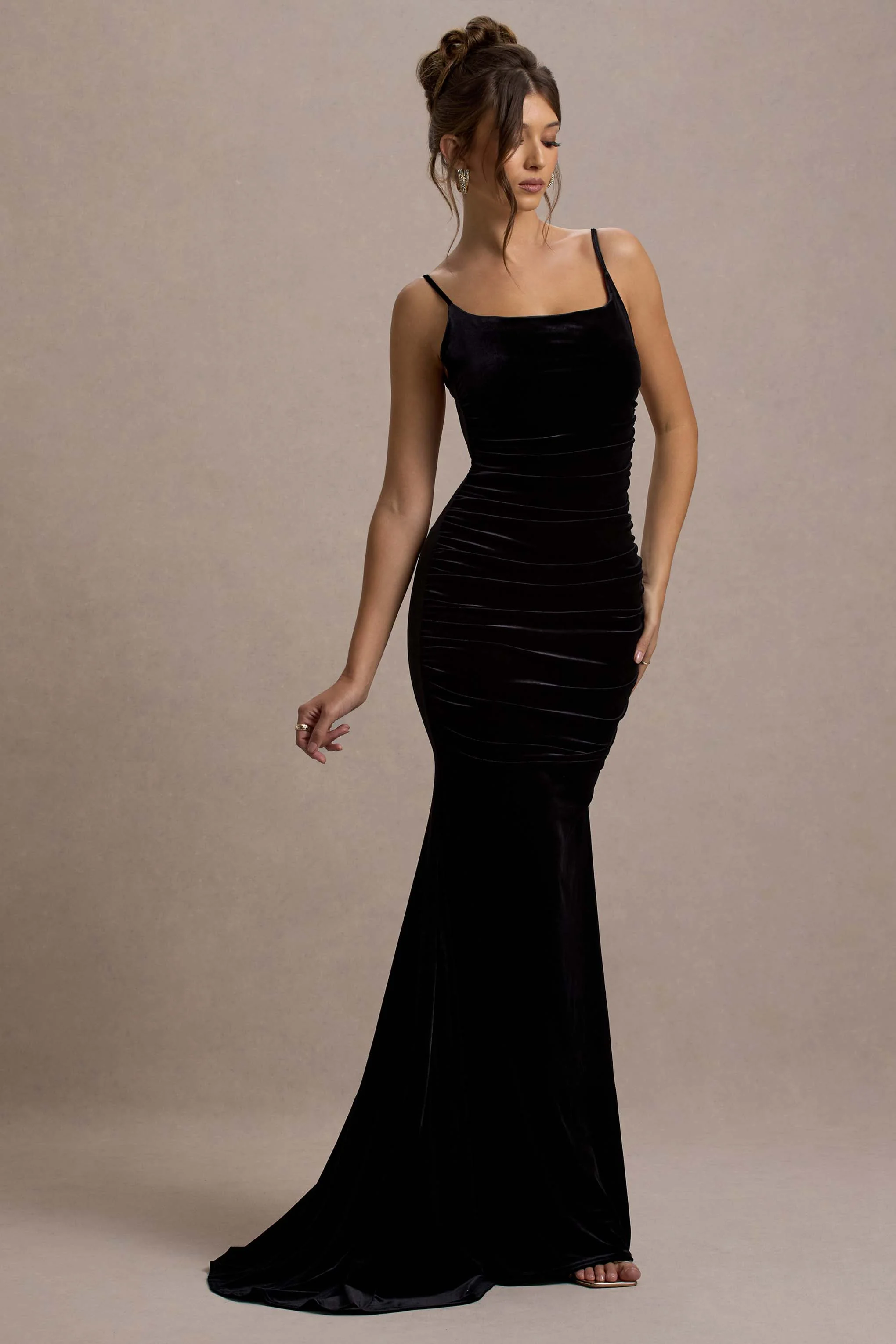 Adele | Black Velvet Ruched Strappy Fishtail Maxi Dress - Image 6
