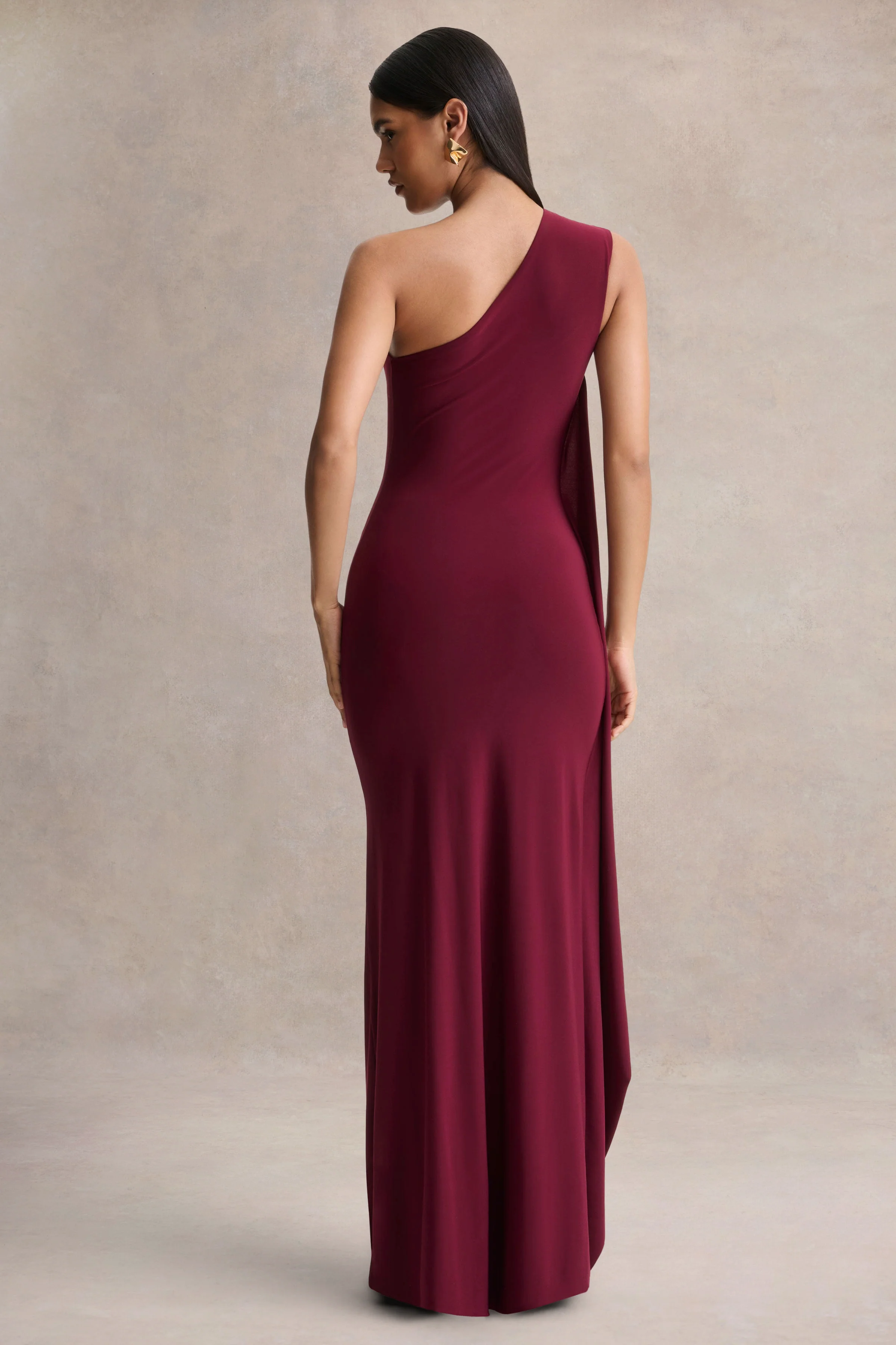 Adelina | Burgundy One-Shoulder Maxi Dress With Drape - Image 2