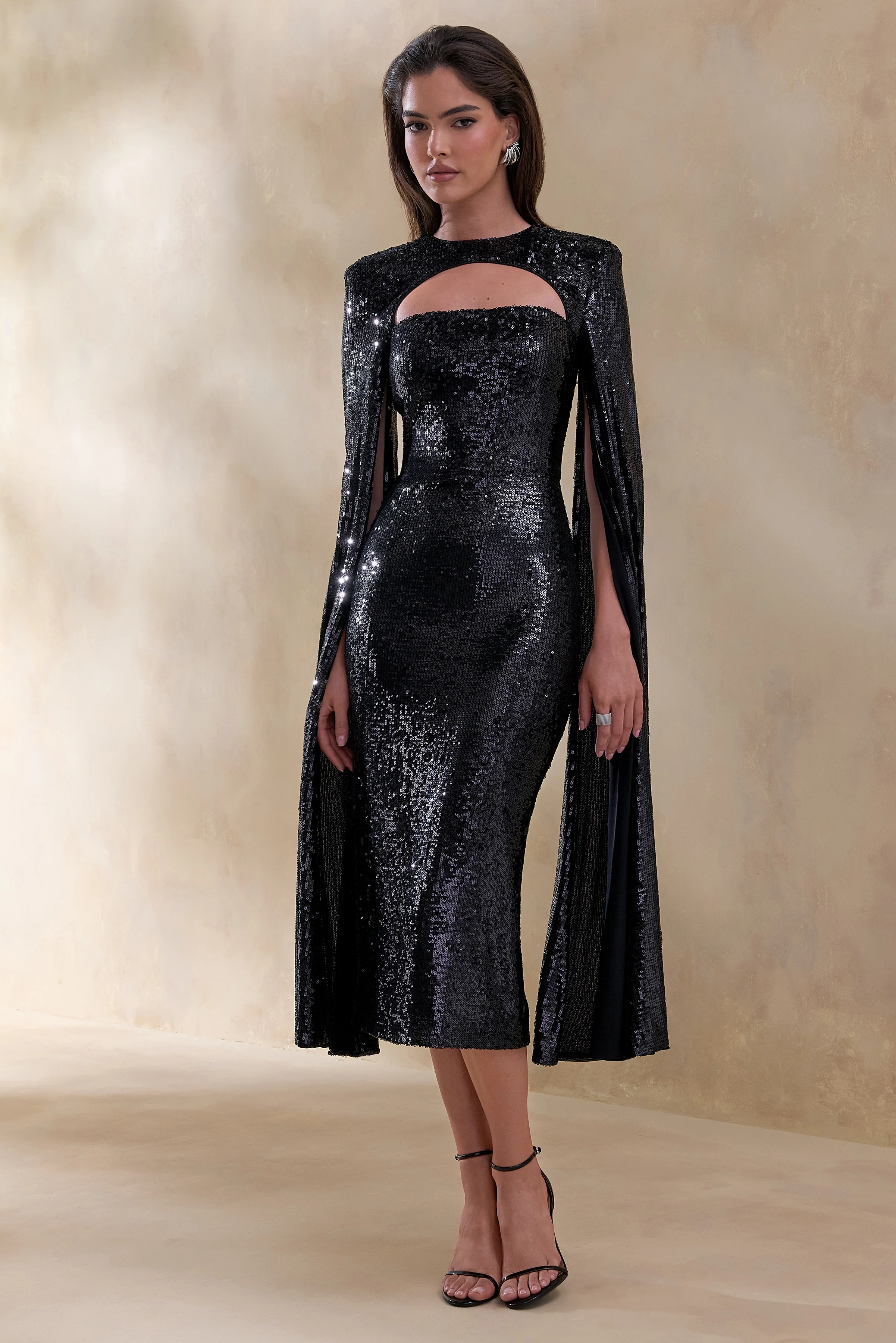 Adeline | Black Sequin Crew-Neck Midi Dress With Cape Sleeves - Image 5