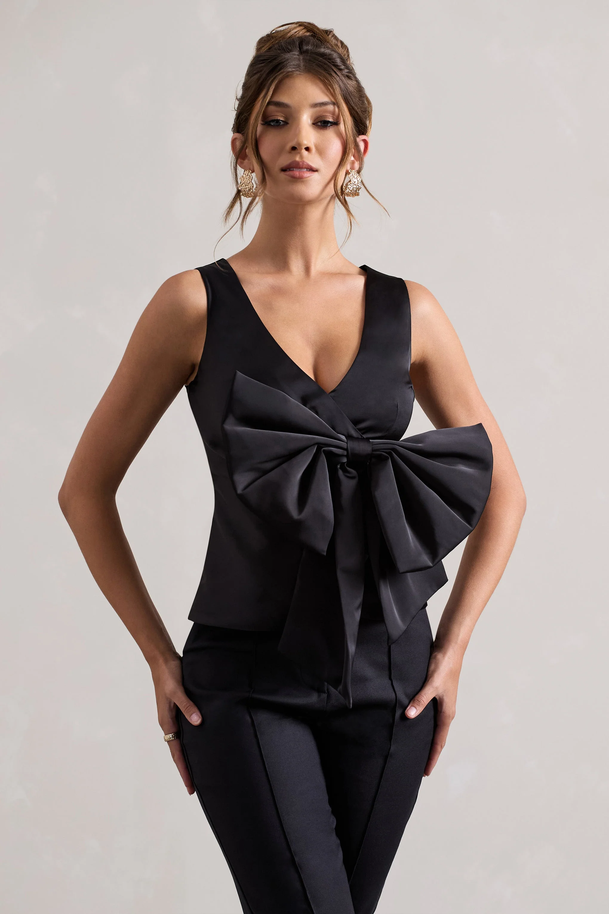 Adoration | Black Satin Plunge-Neck Top With Bow - Image 4