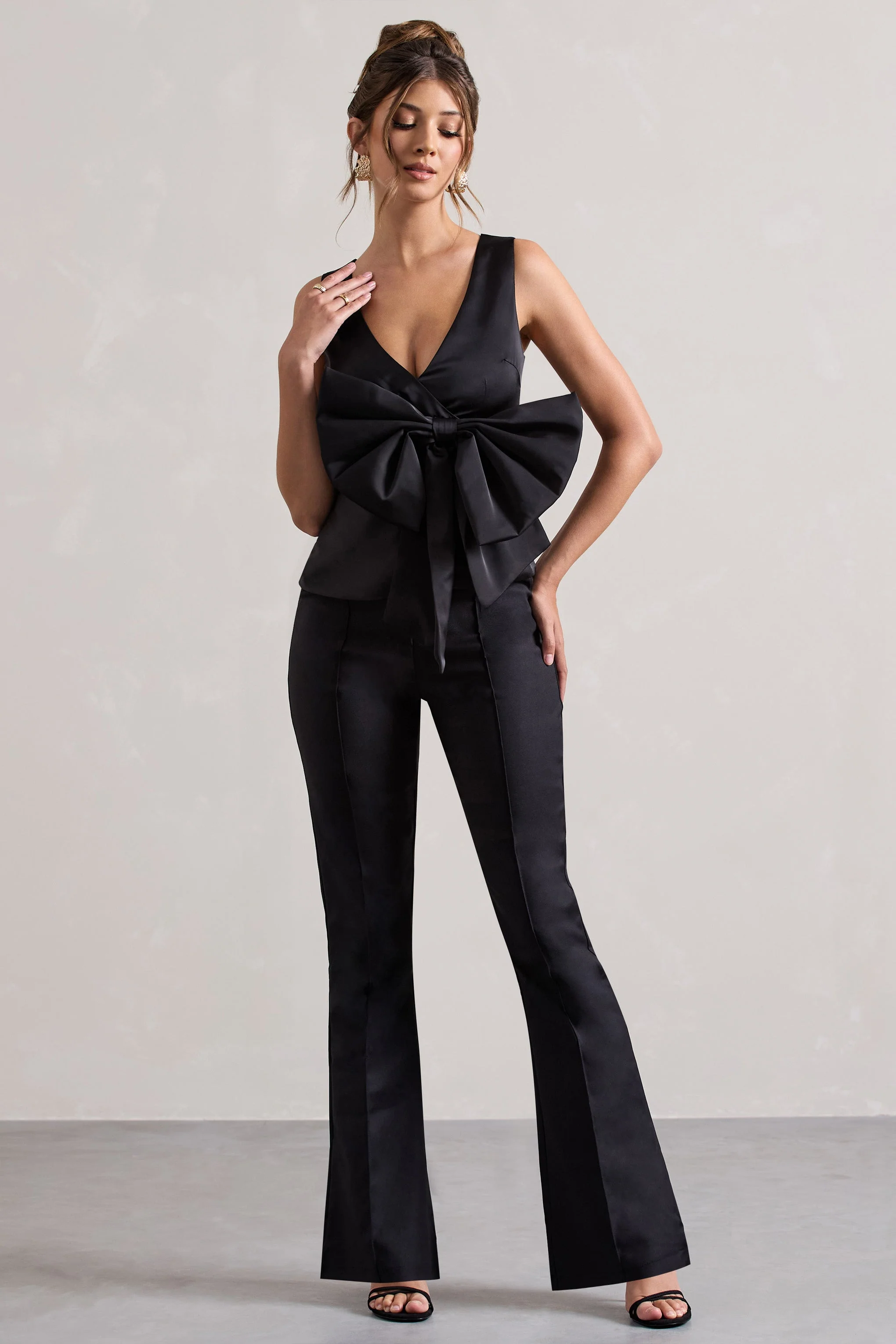 Adoration | Black Satin Plunge-Neck Top With Bow - Image 5
