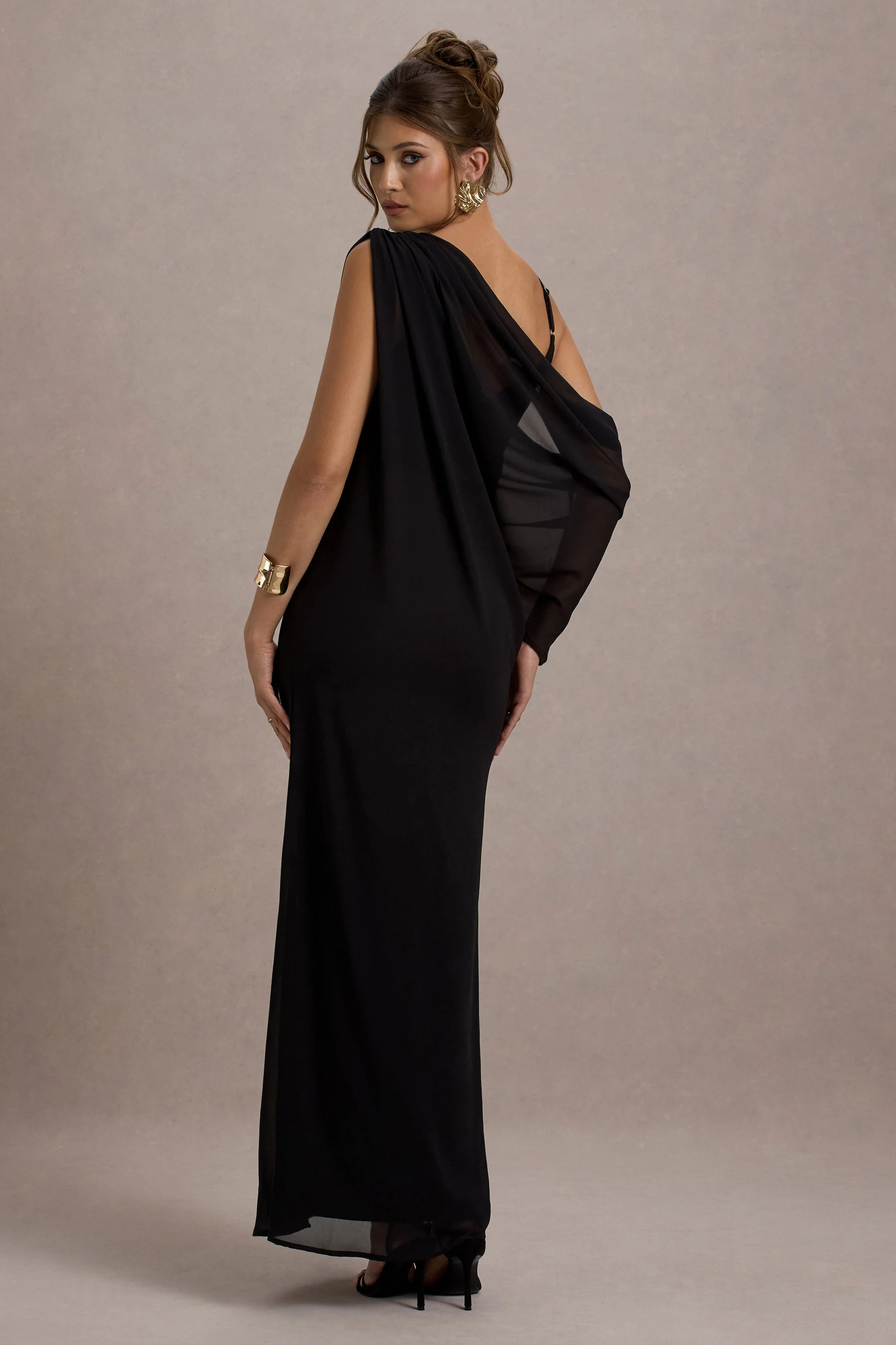 Aeliana | Black Strappy V-Neck Maxi Dress With Chiffon Sash - Image 2