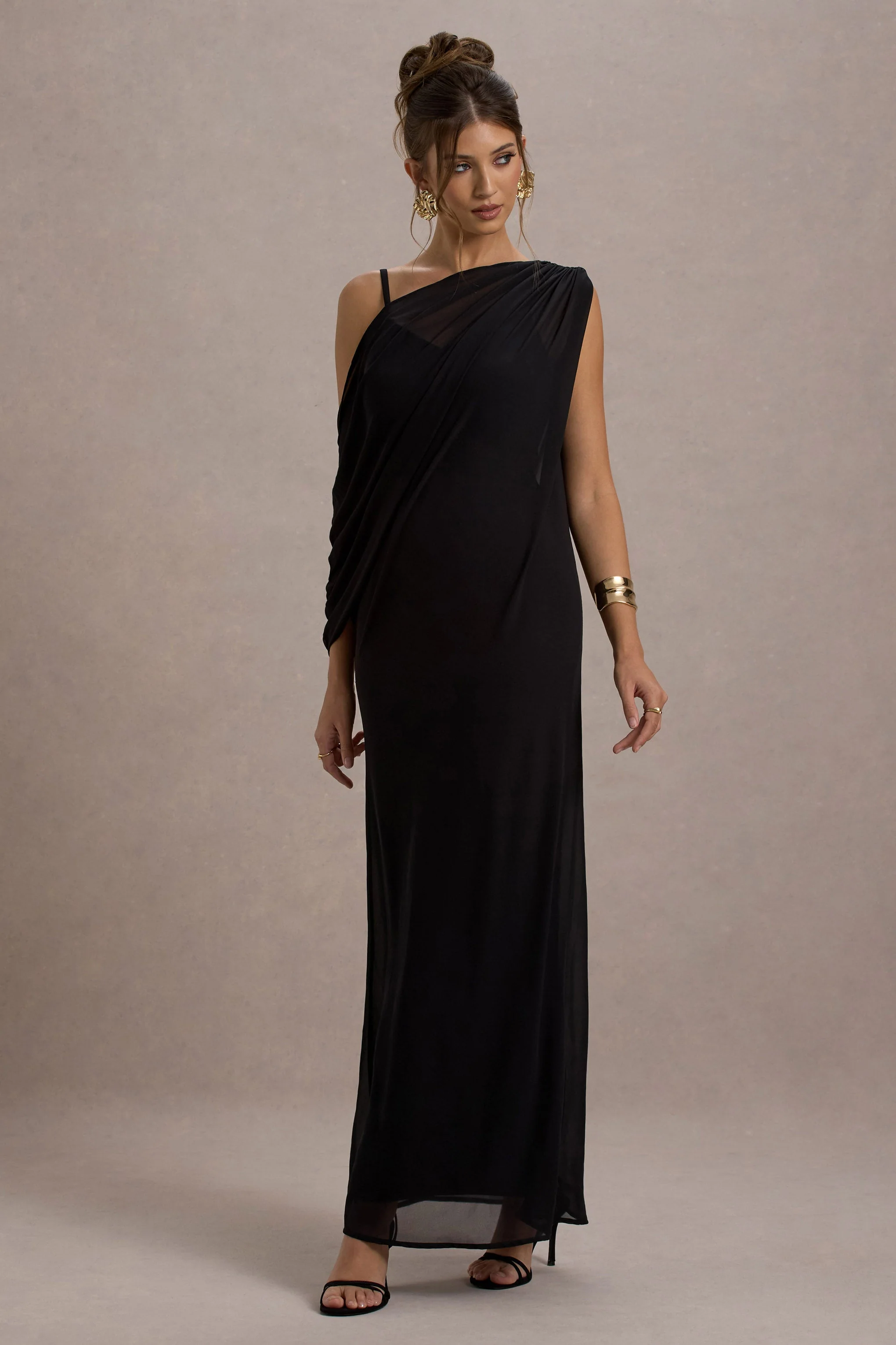Aeliana | Black Strappy V-Neck Maxi Dress With Chiffon Sash - Image 5