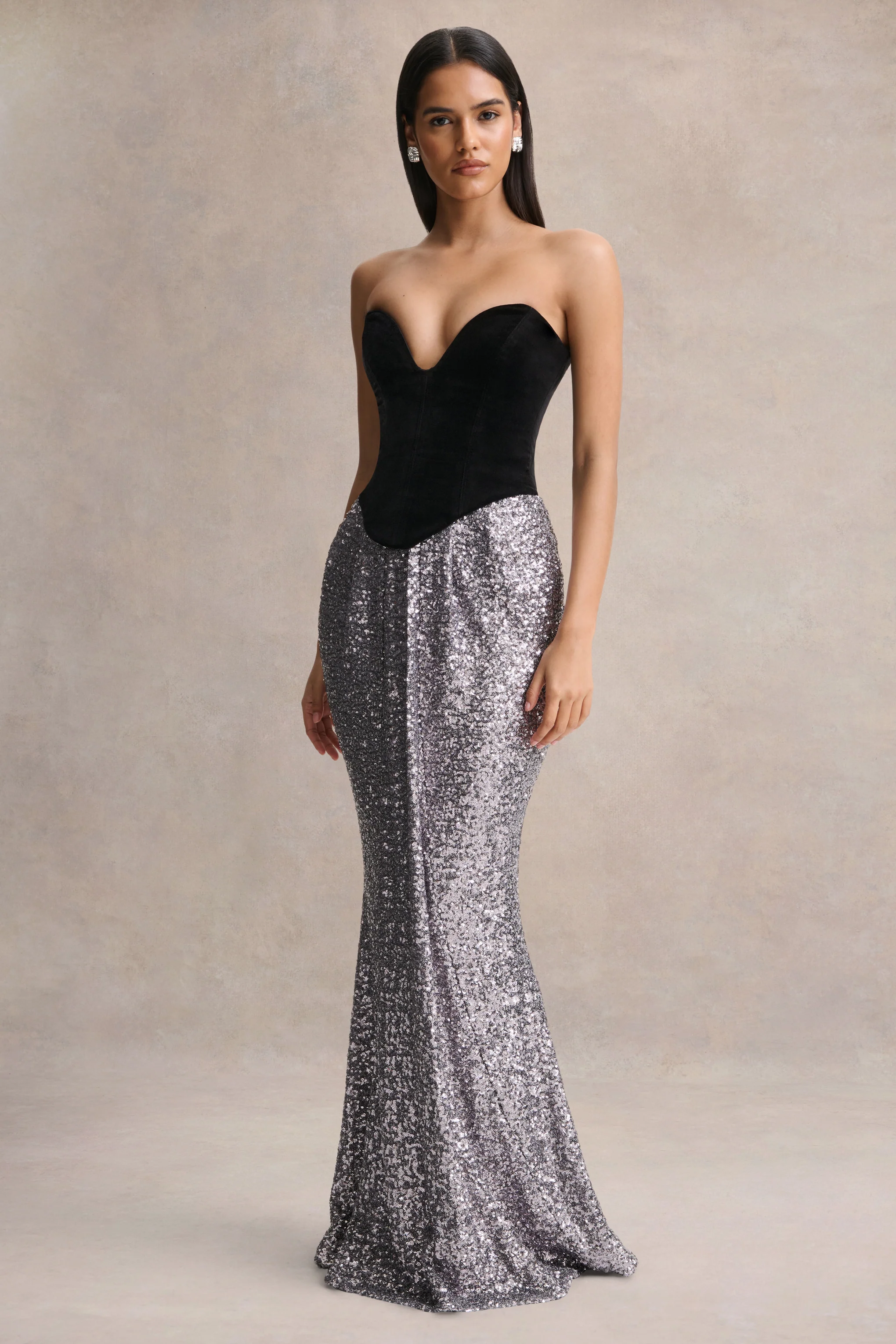 Aeris | Black Velvet And Silver Sequin Plunge-Neck Maxi Dress - Image 4