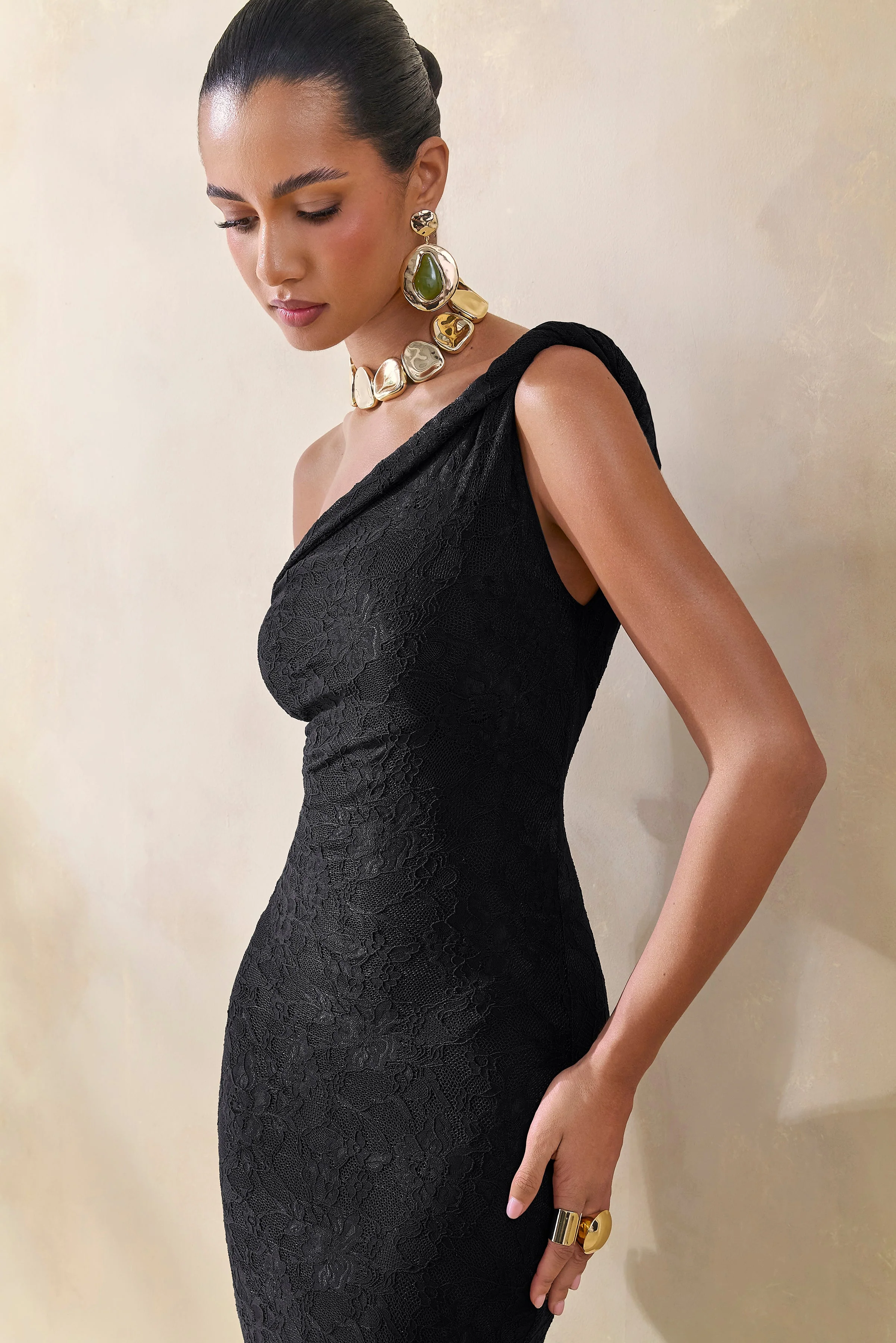 Afina | Black Lace Asymmetric-Neck Maxi Dress - Image 5
