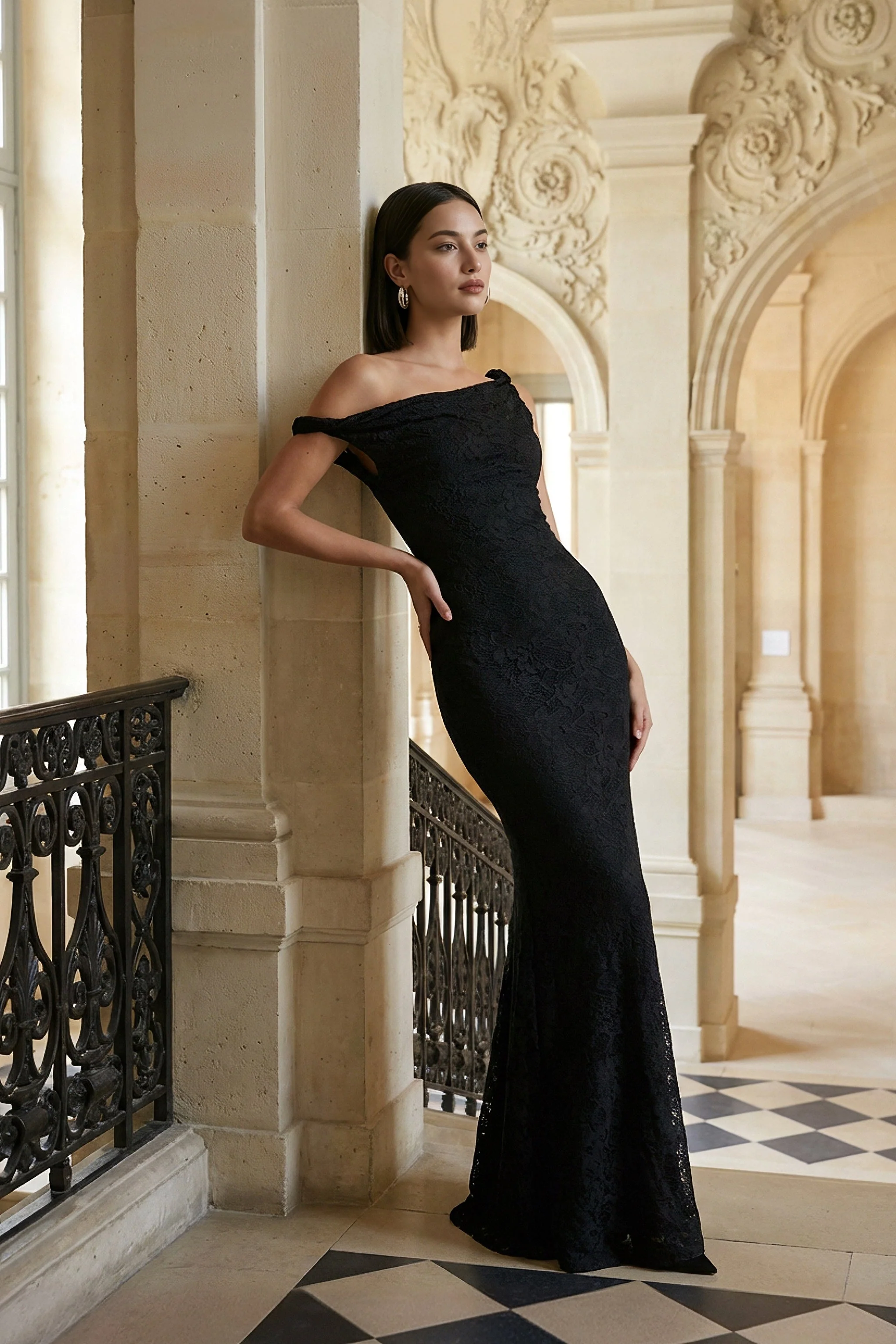 Afina | Black Lace Asymmetric-Neck Maxi Dress - Image 7