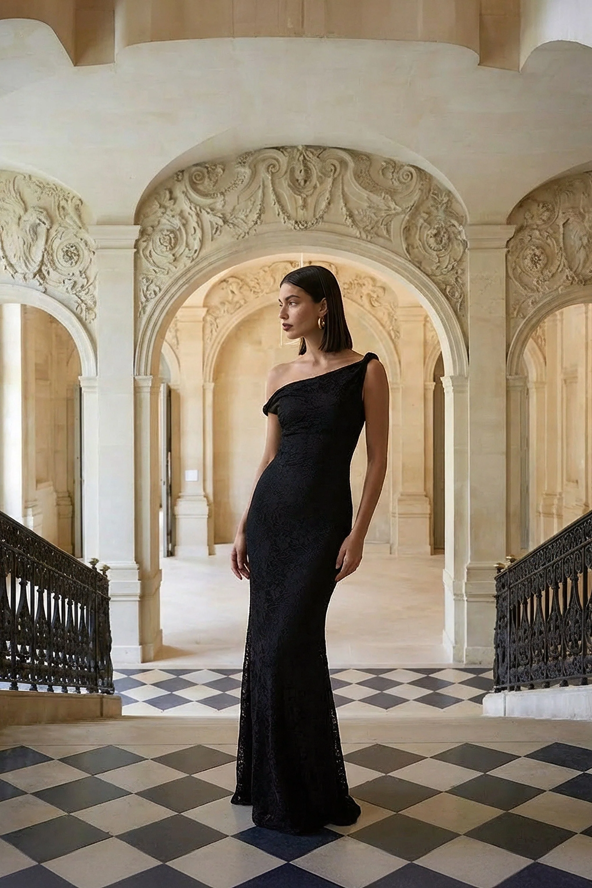 Afina | Black Lace Asymmetric-Neck Maxi Dress - Image 9