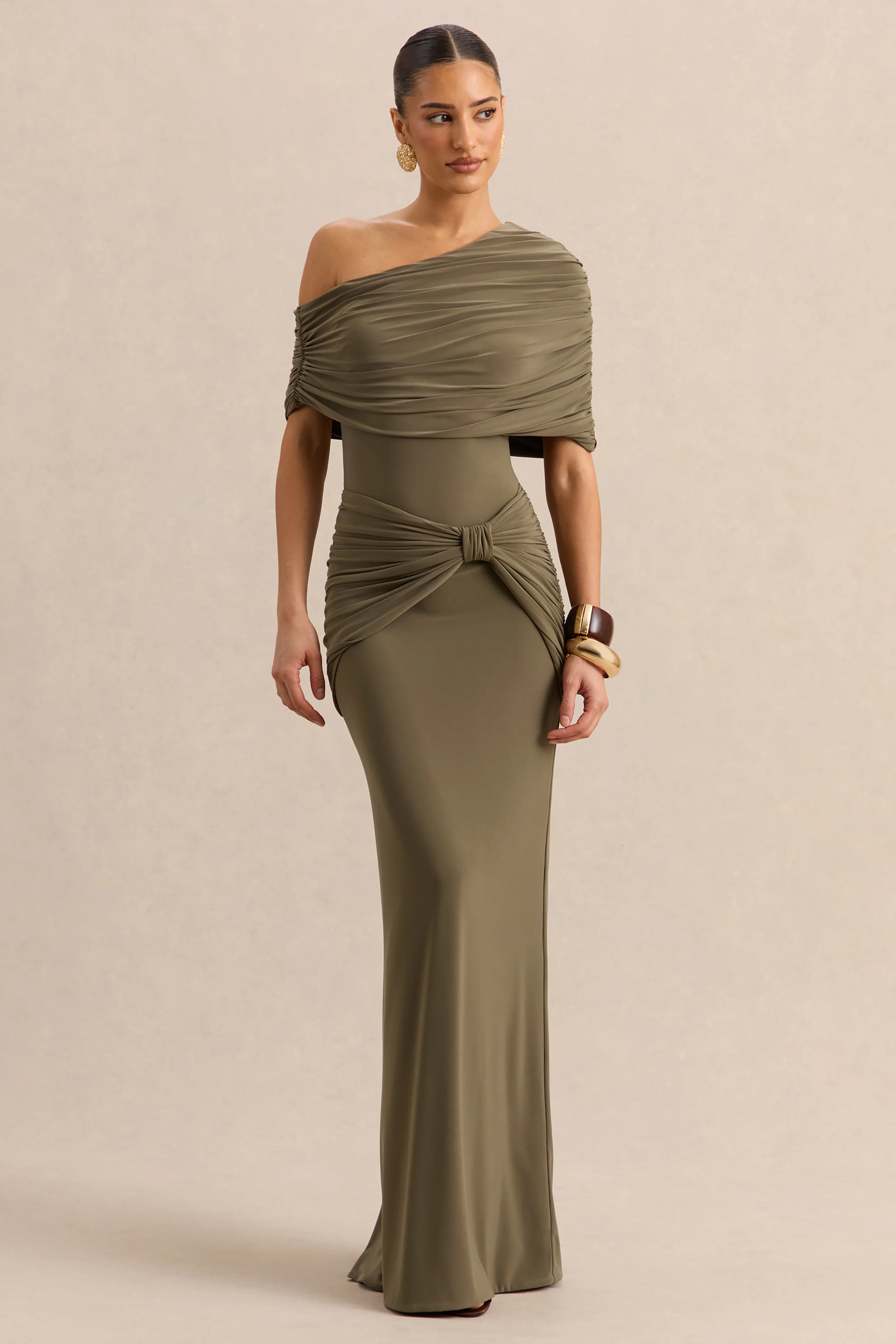 Afiya | Khaki Twisted Waist Maxi Skirt with Knot Detailing