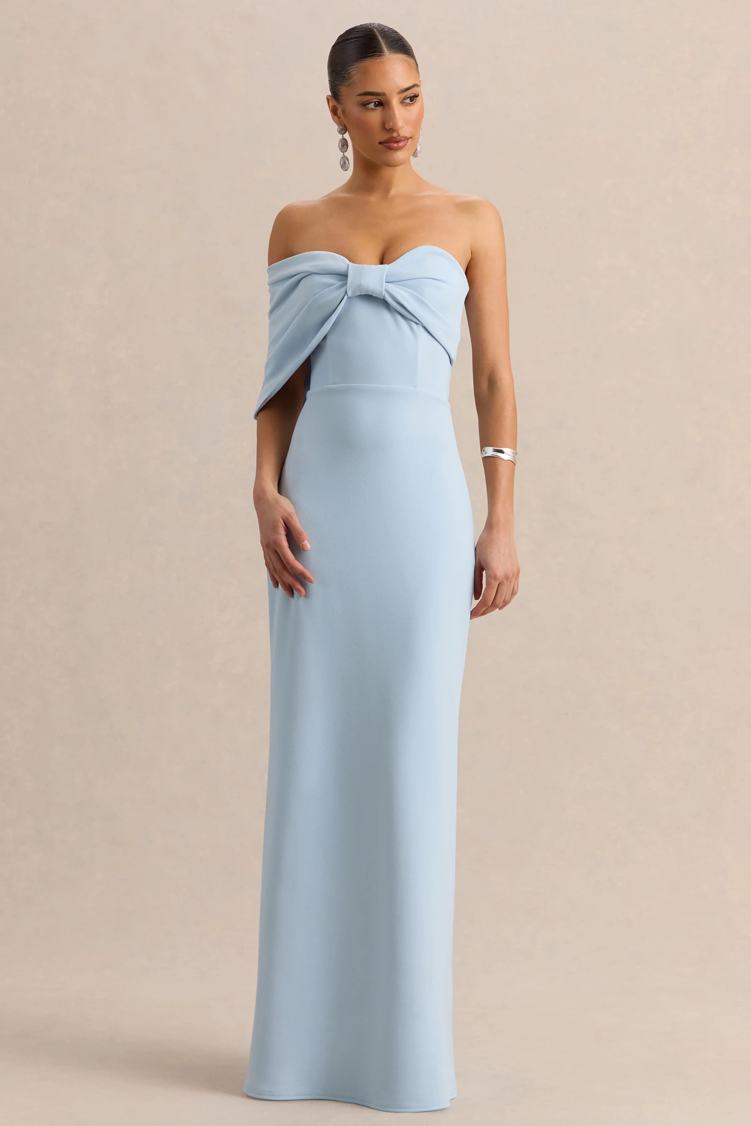 Agatha | Powder Blue Bow Bardot-Neck Maxi Dress - Image 5