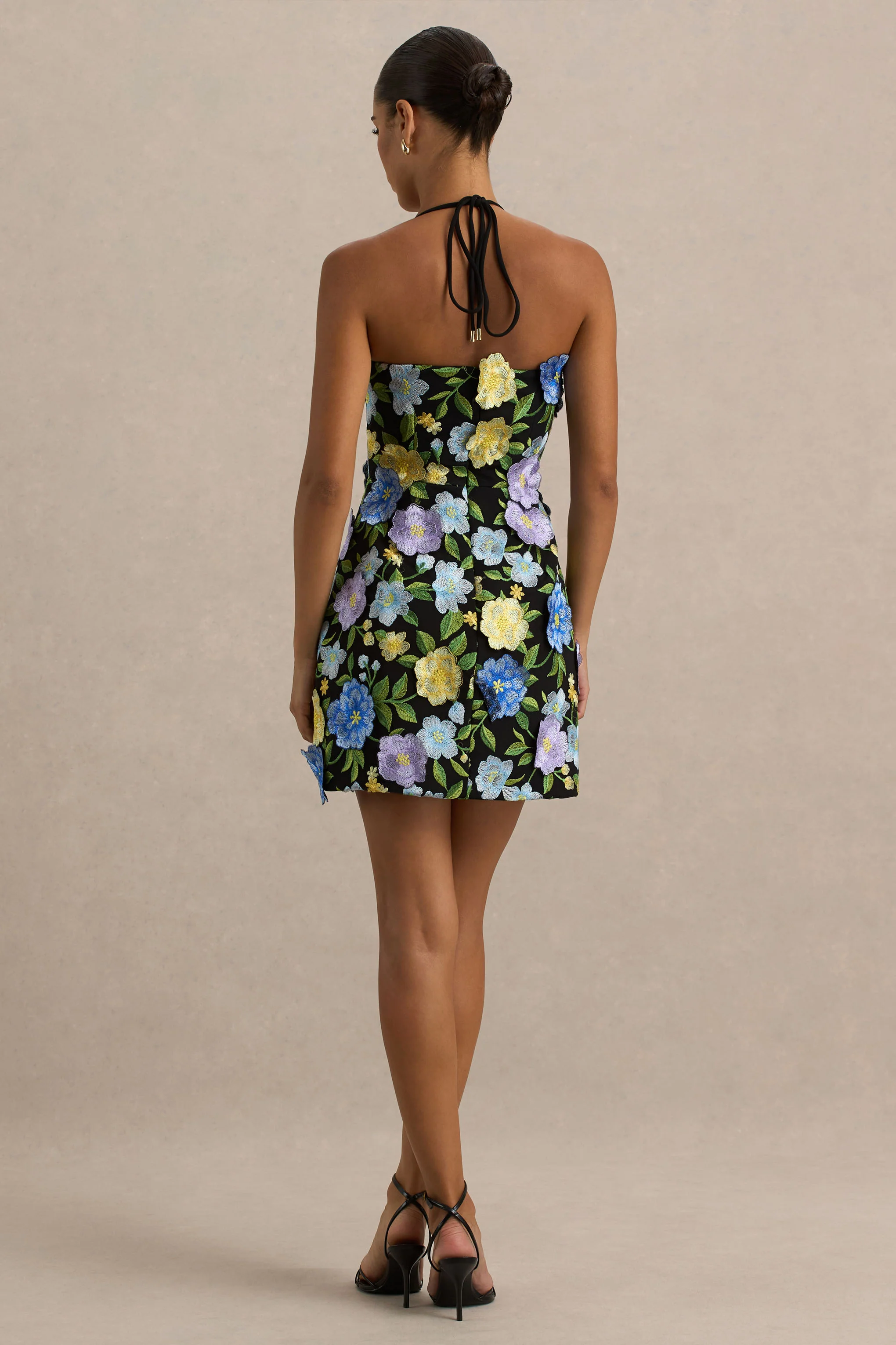 Aisha | Black Floral Embellished Square-Neck Mini Dress - Image 2