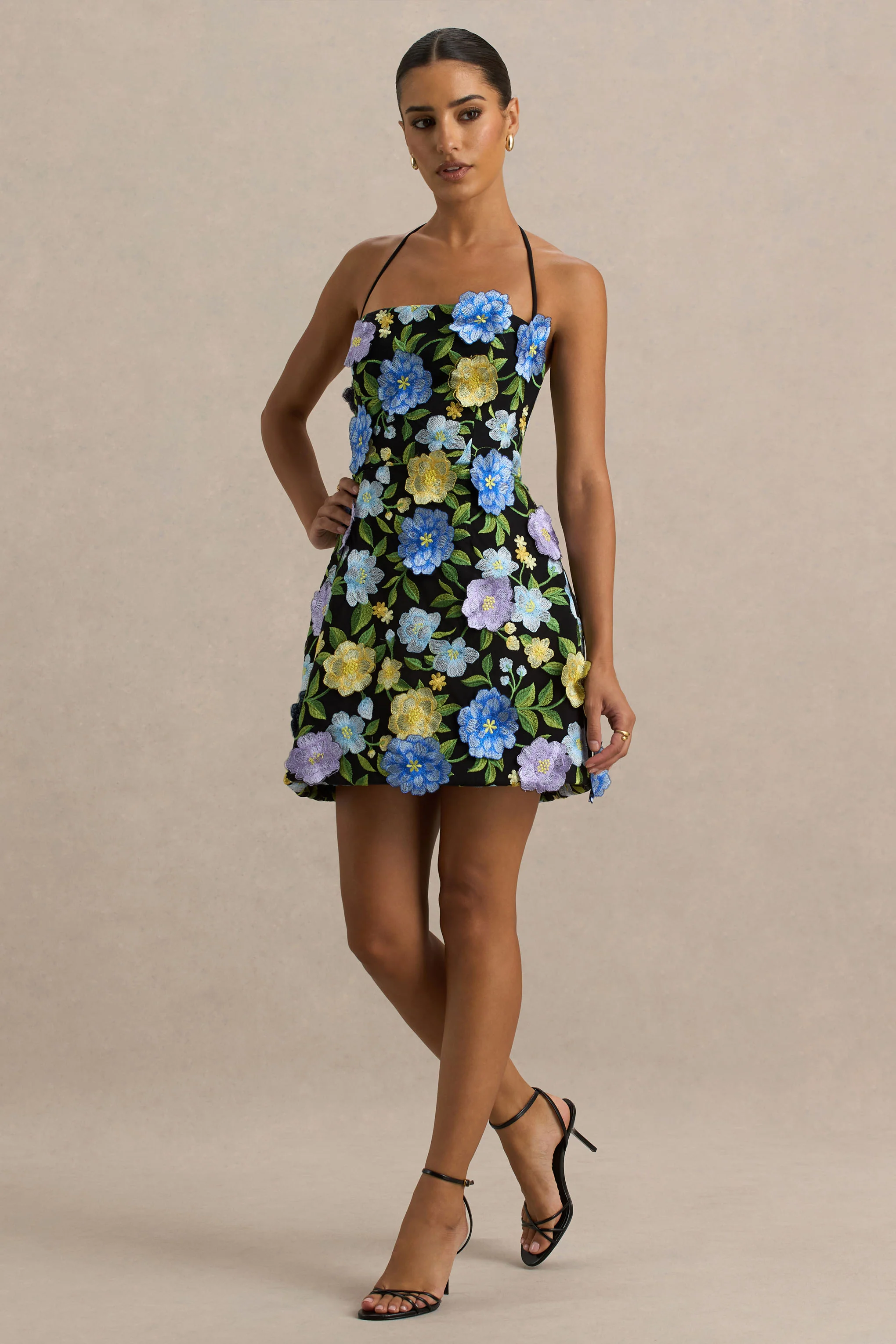 Aisha | Black Floral Embellished Square-Neck Mini Dress - Image 5