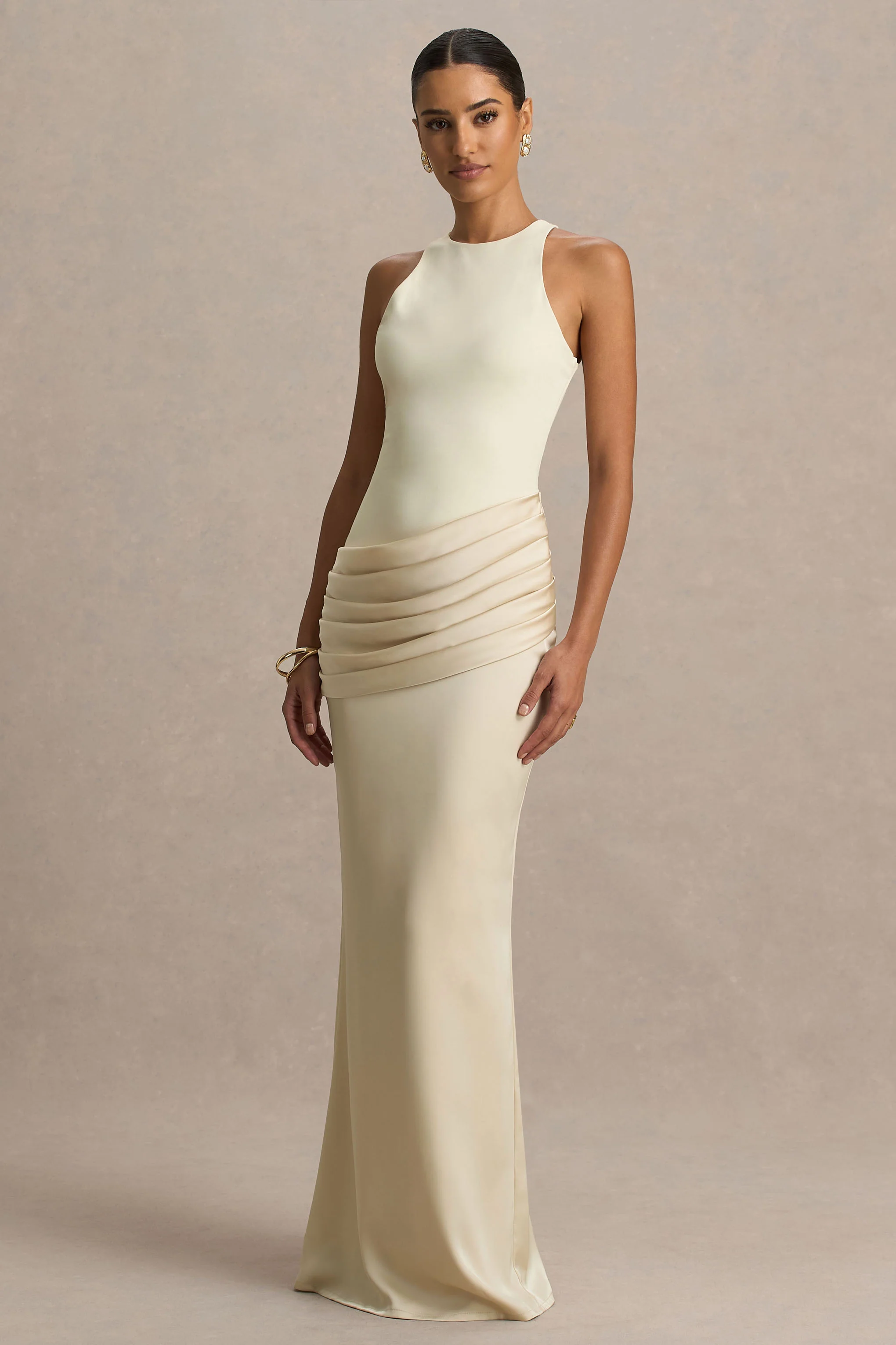 Akari | Cream Crew-Neck Maxi Dress With Satin Skirt - Image 4