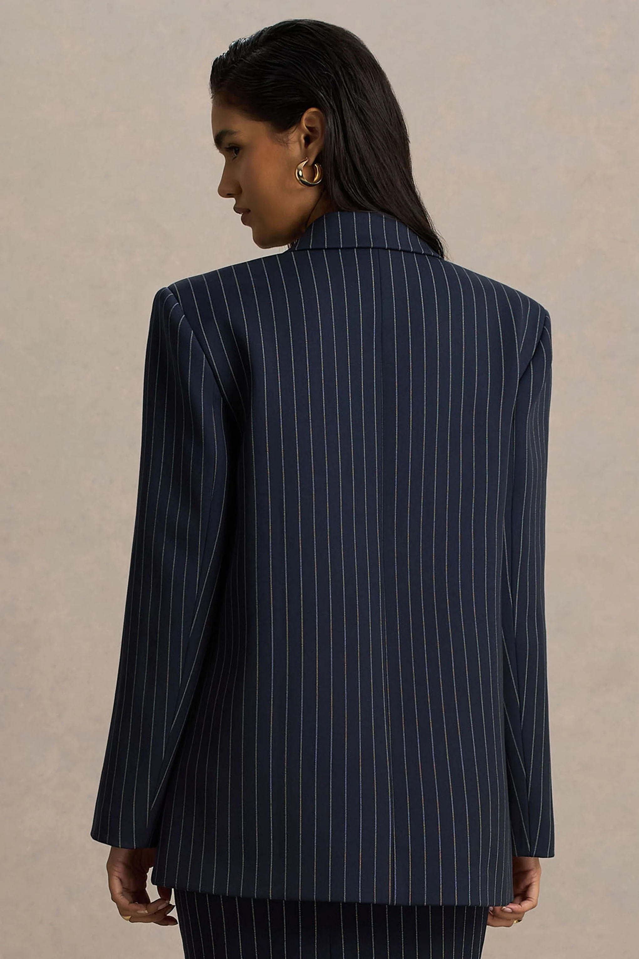 Alana | Navy Pinstripe Plunge-Neck Oversized Blazer - Image 3