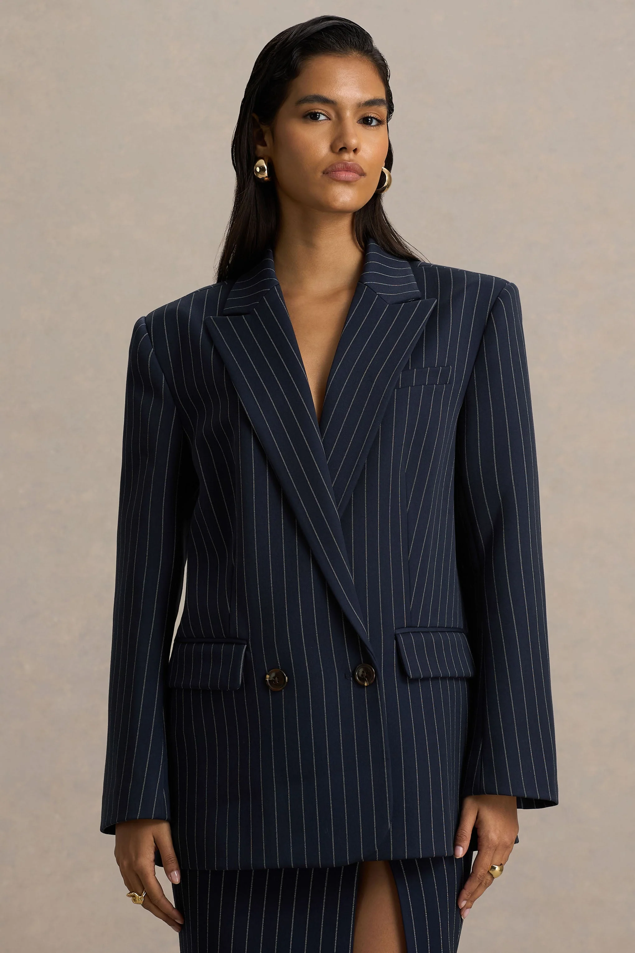 Alana | Navy Pinstripe Plunge-Neck Oversized Blazer - Image 5
