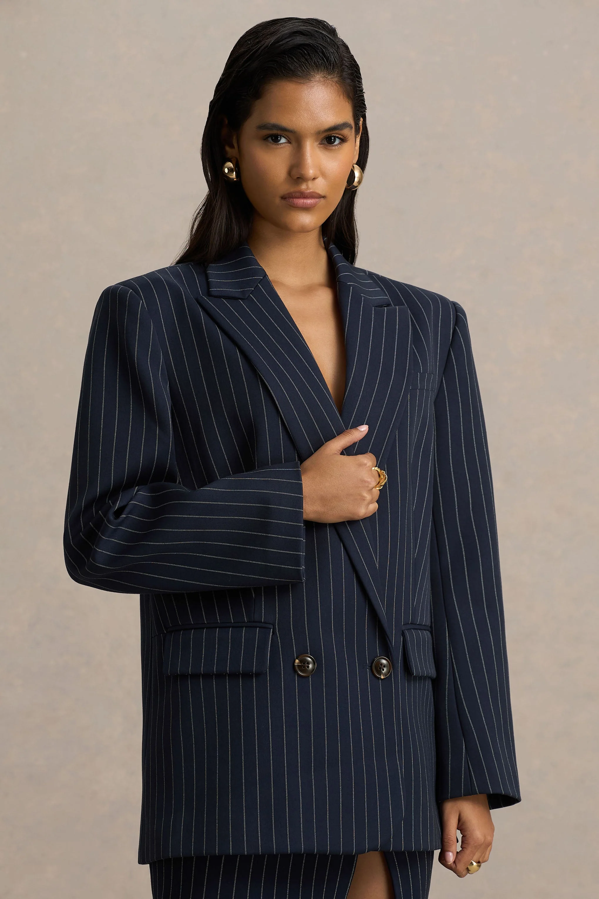 Alana | Navy Pinstripe Plunge-Neck Oversized Blazer - Image 6