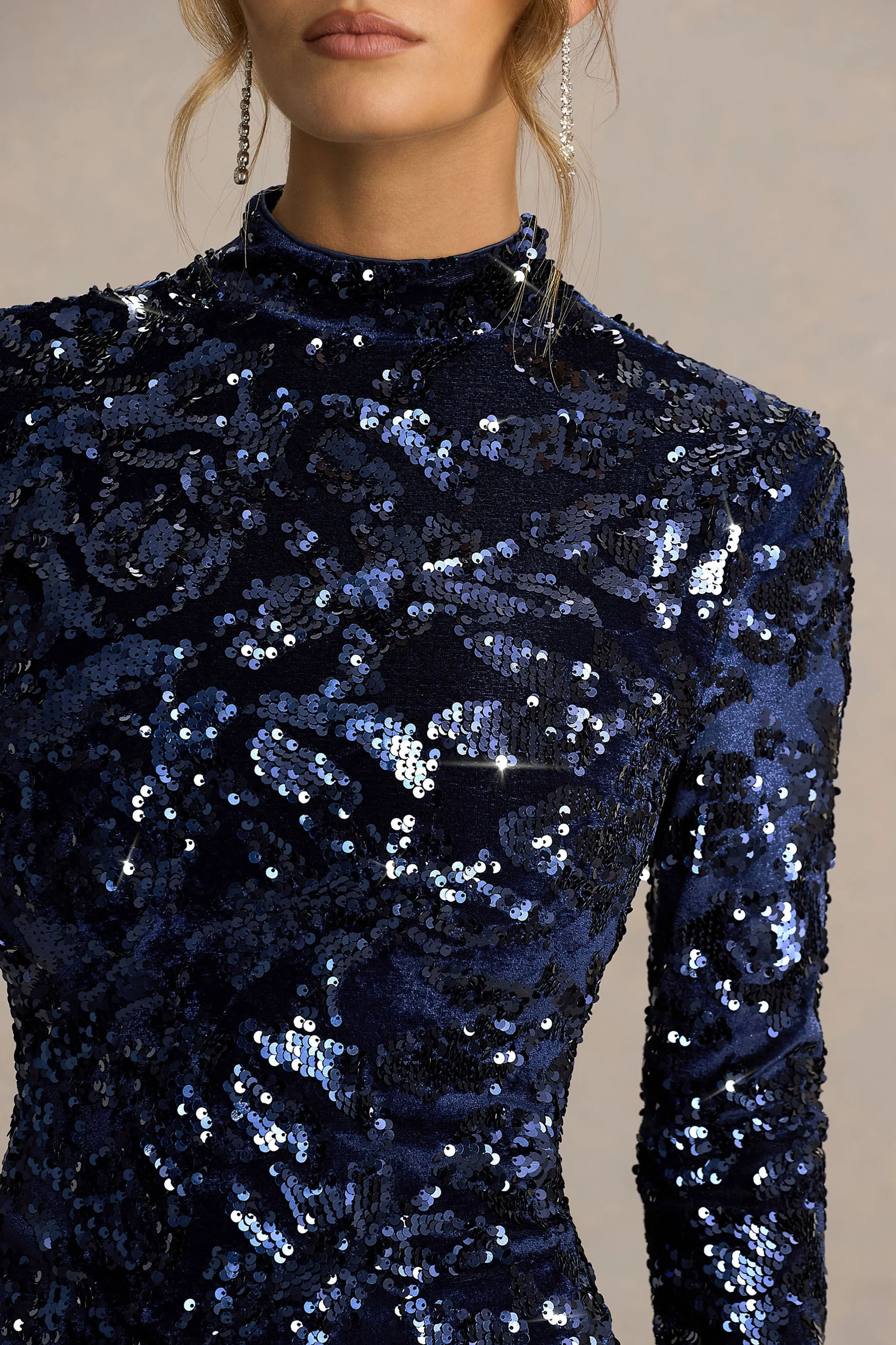 Alanita | Navy Velvet And Sequin Embellished High-Neck Midi Dress With Long Sleeves - Image 3