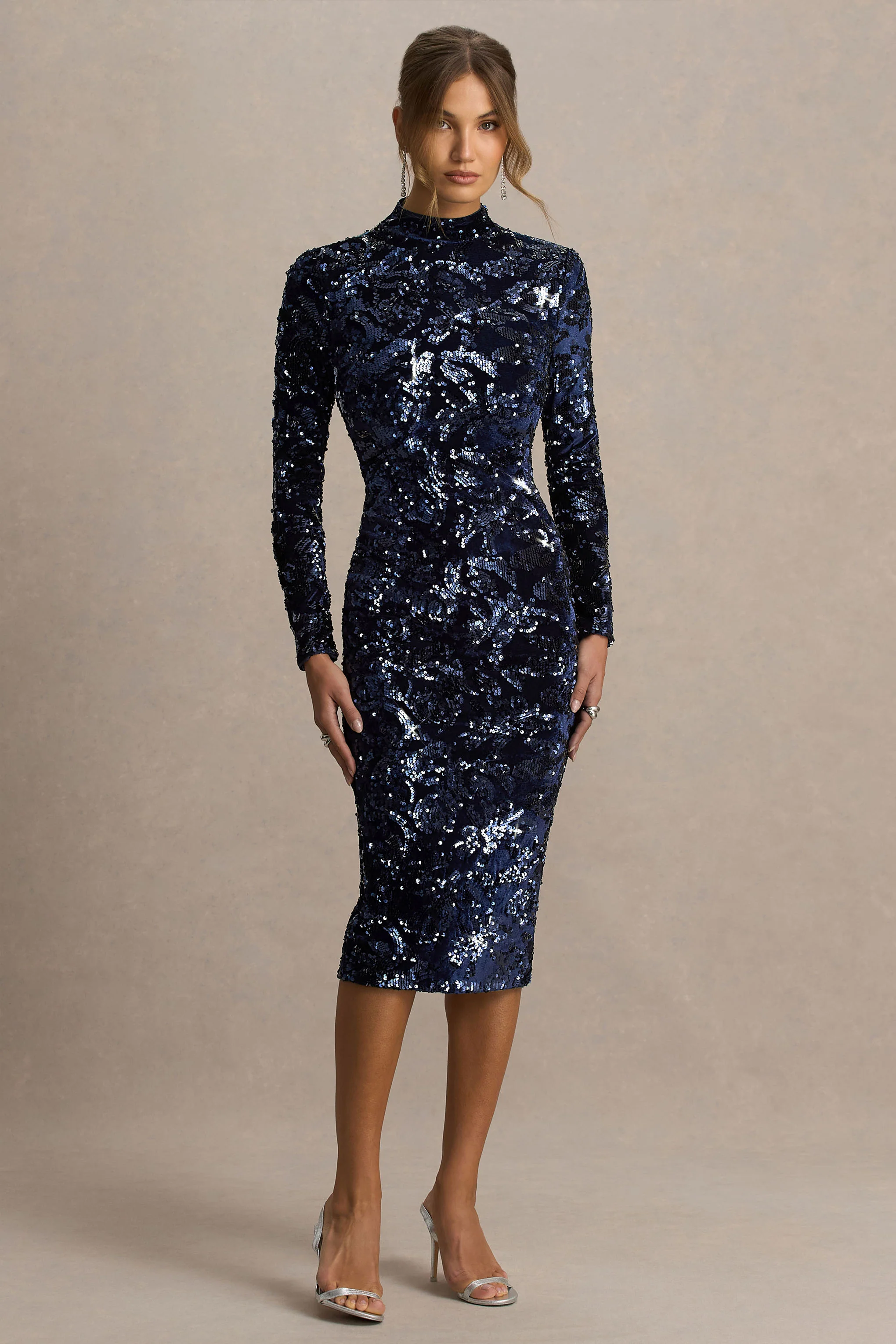 Alanita | Navy Velvet And Sequin Embellished High-Neck Midi Dress With Long Sleeves - Image 4