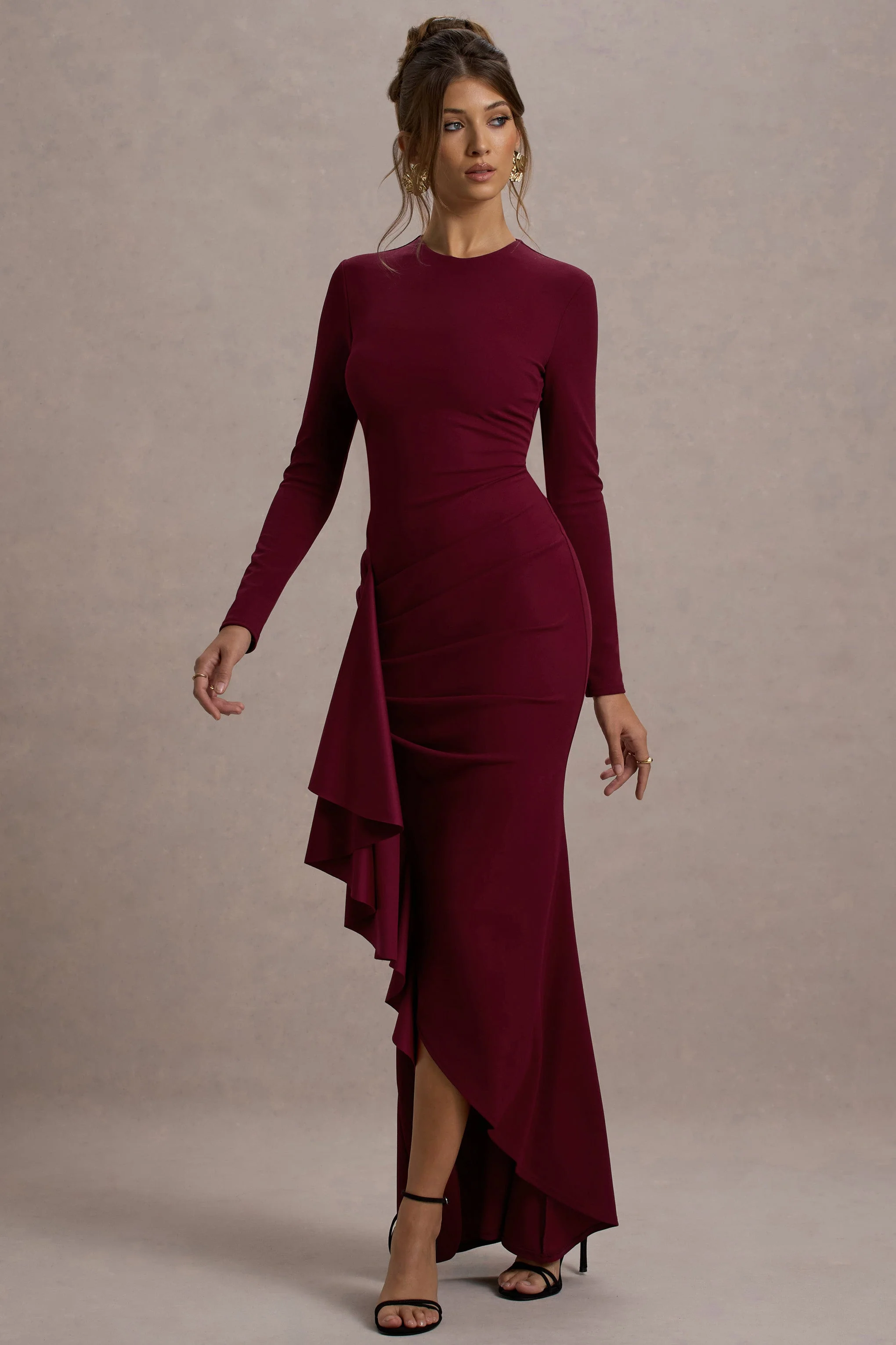 Alayna | Berry Long-Sleeve Maxi Dress With Ruffled Split - Image 4