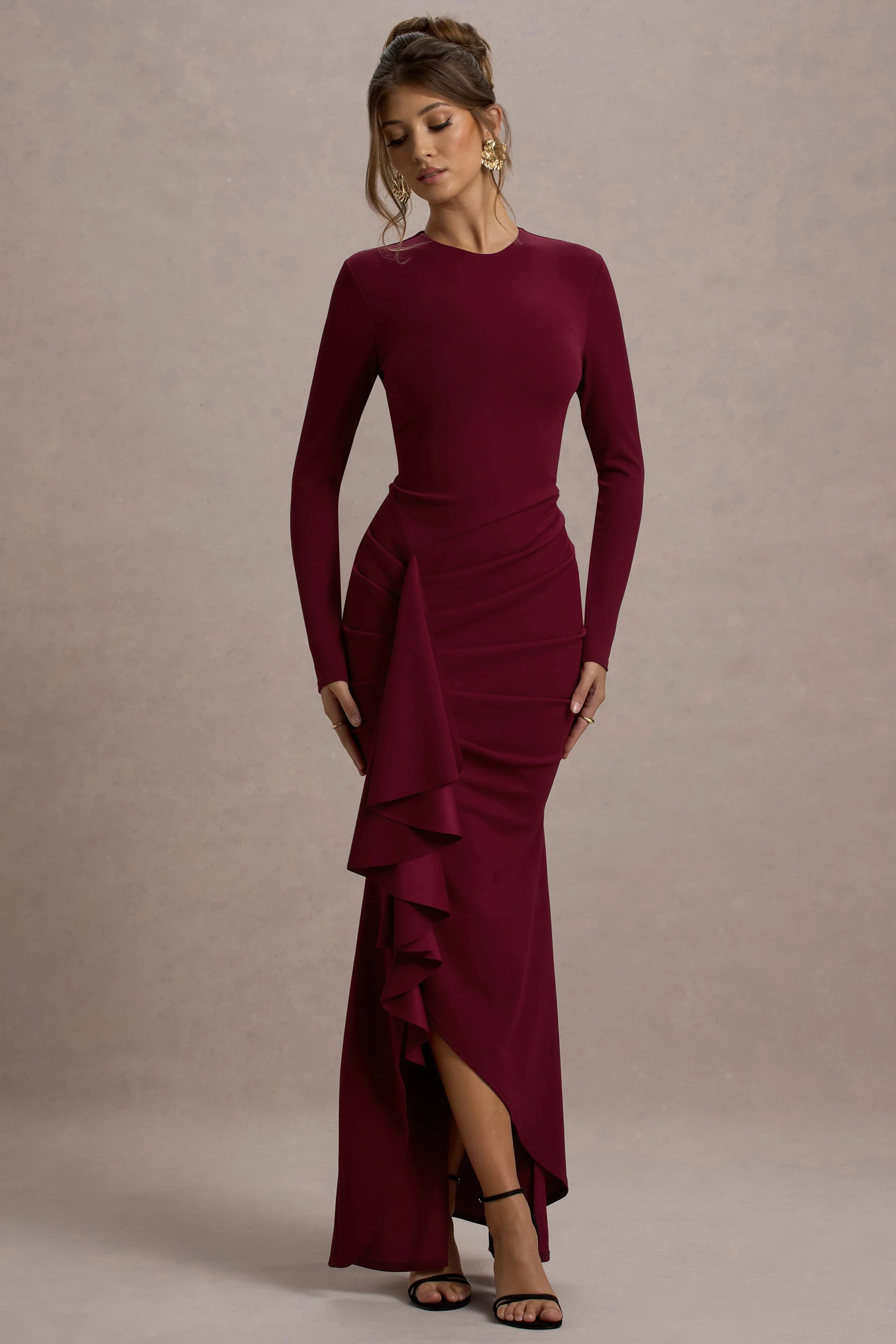 Alayna | Berry Long-Sleeve Maxi Dress With Ruffled Split - Image 5