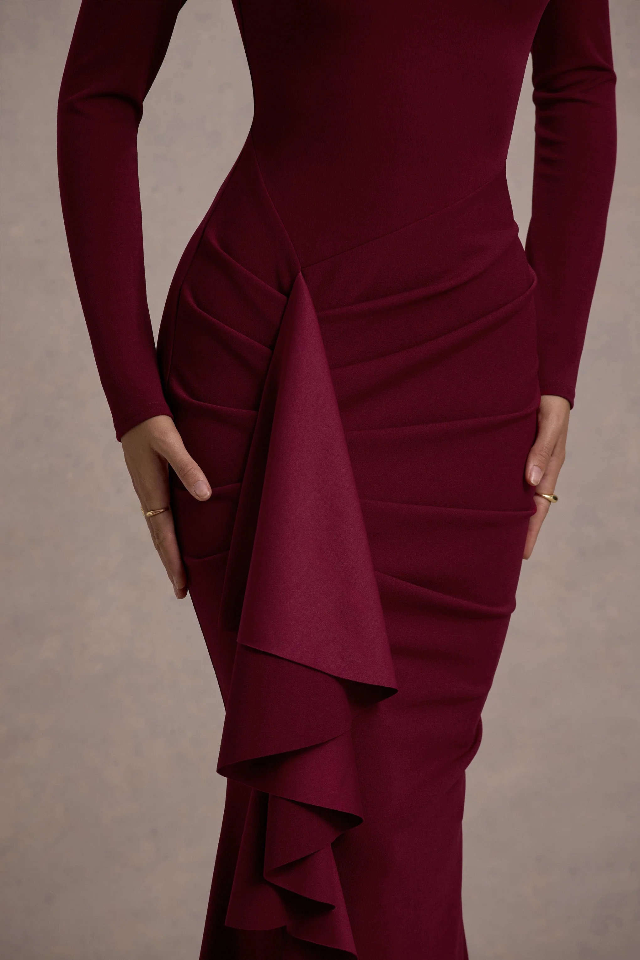Alayna | Berry Long-Sleeve Maxi Dress With Ruffled Split - Image 6
