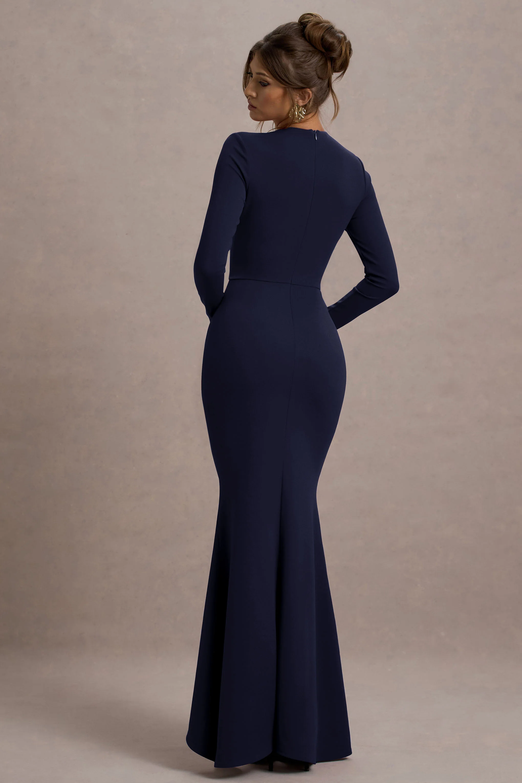 Alayna | Navy Long-Sleeve Maxi Dress With Ruffled Split - Image 2