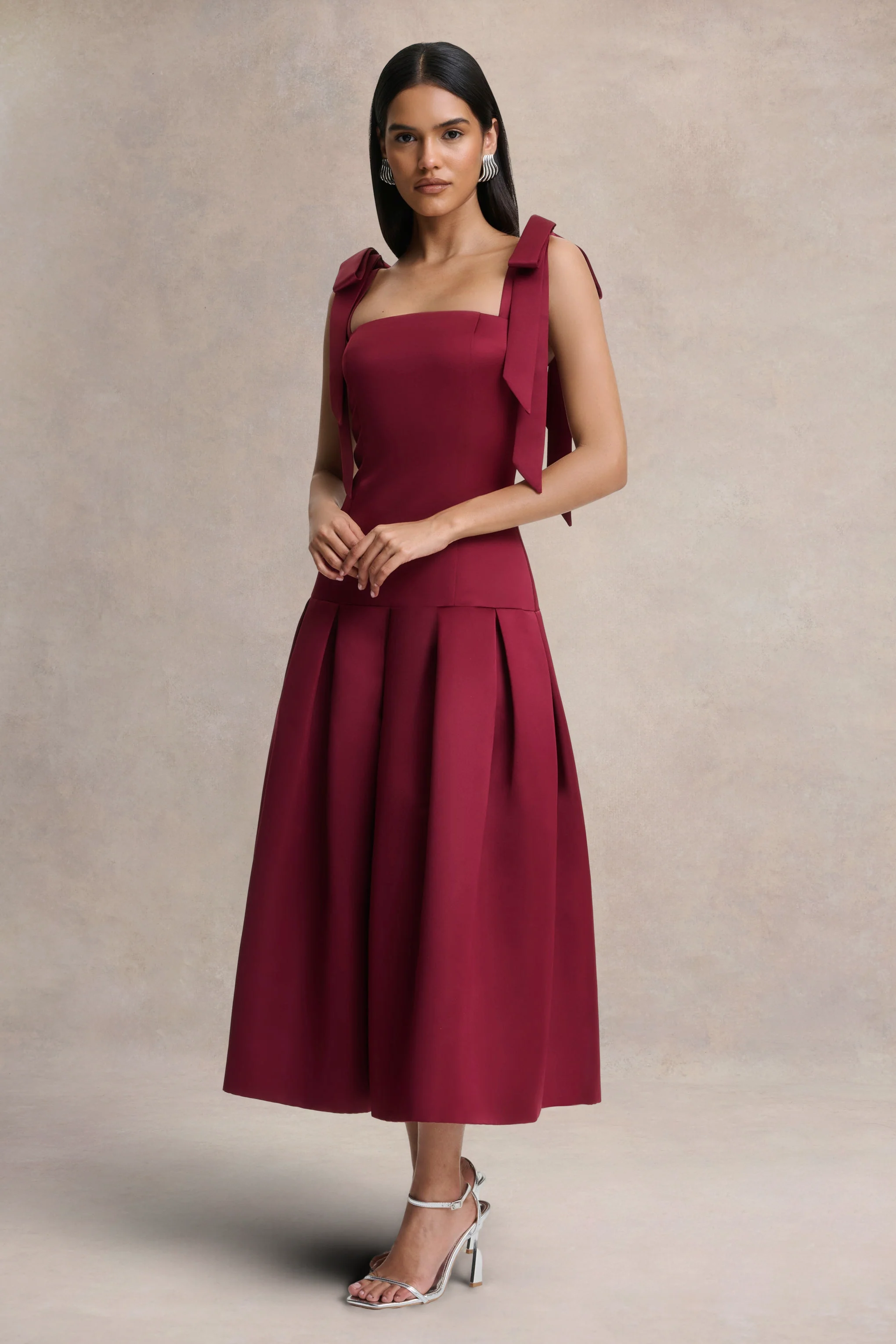 Alberta | Burgundy Satin Square-Neck Midi Dress With Bow Straps - Image 4