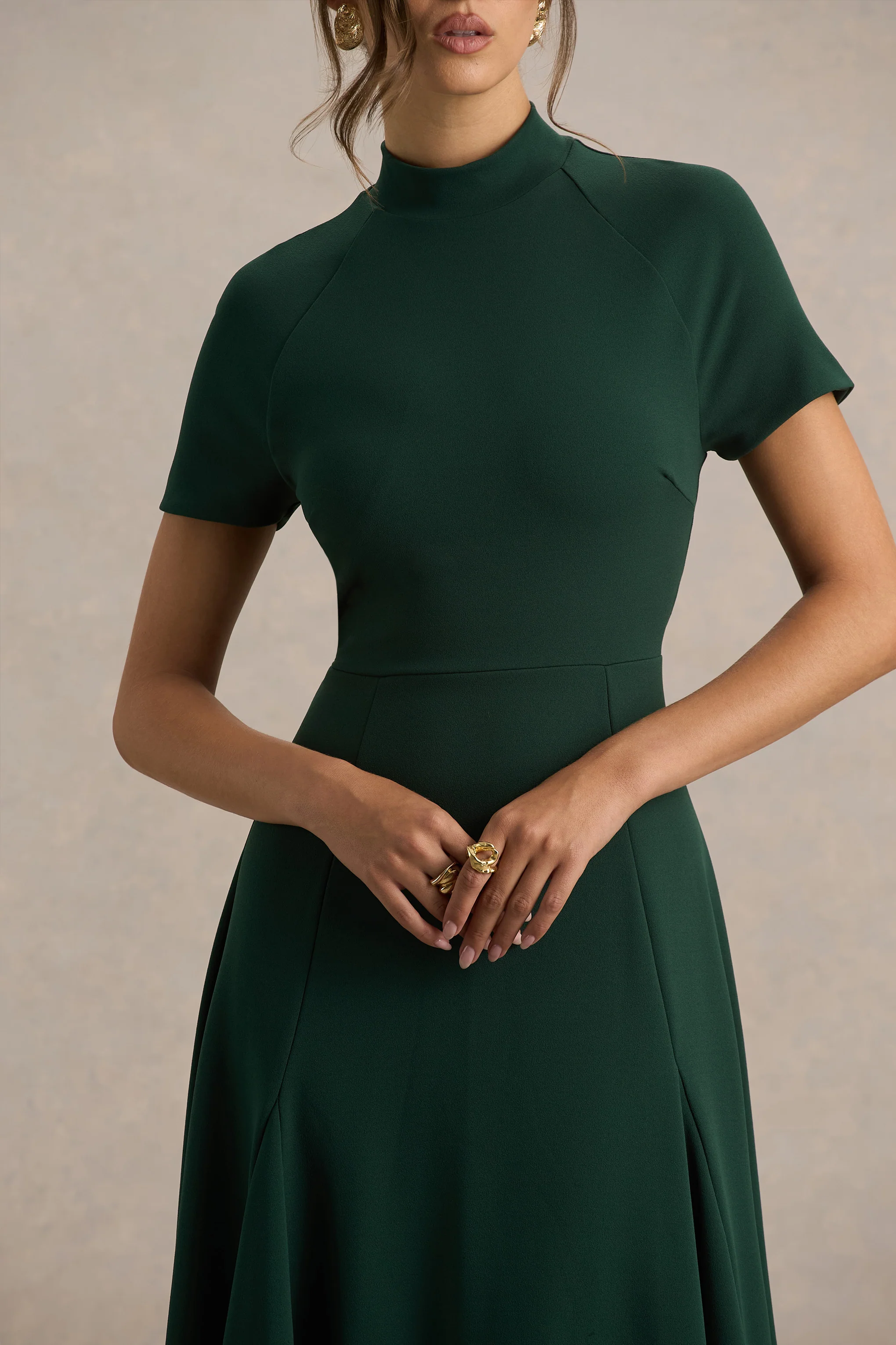 Alea | Dark Green High-Neck Short-Sleeve Maxi Dress - Image 3