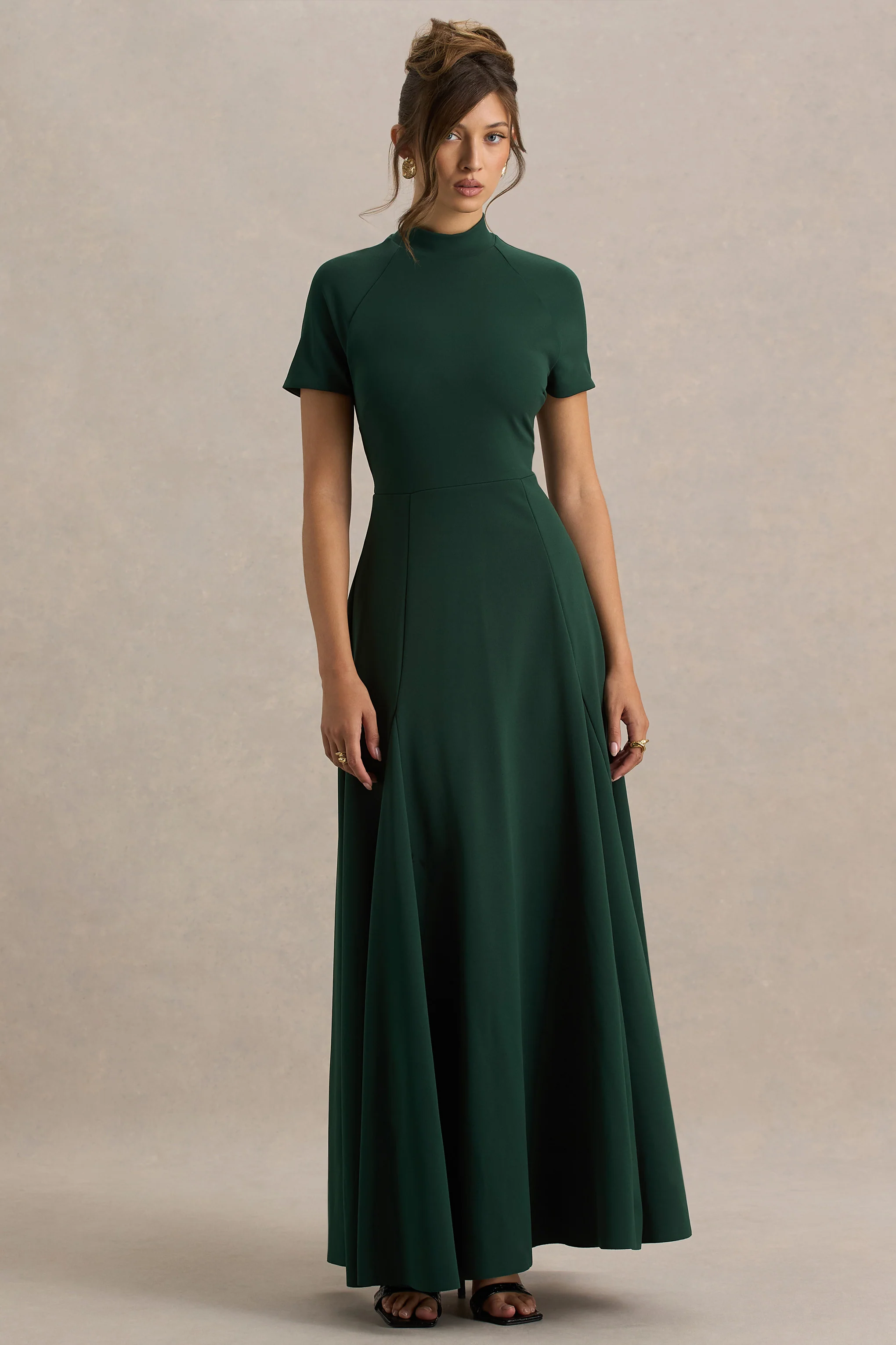Alea | Dark Green High-Neck Short-Sleeve Maxi Dress - Image 4