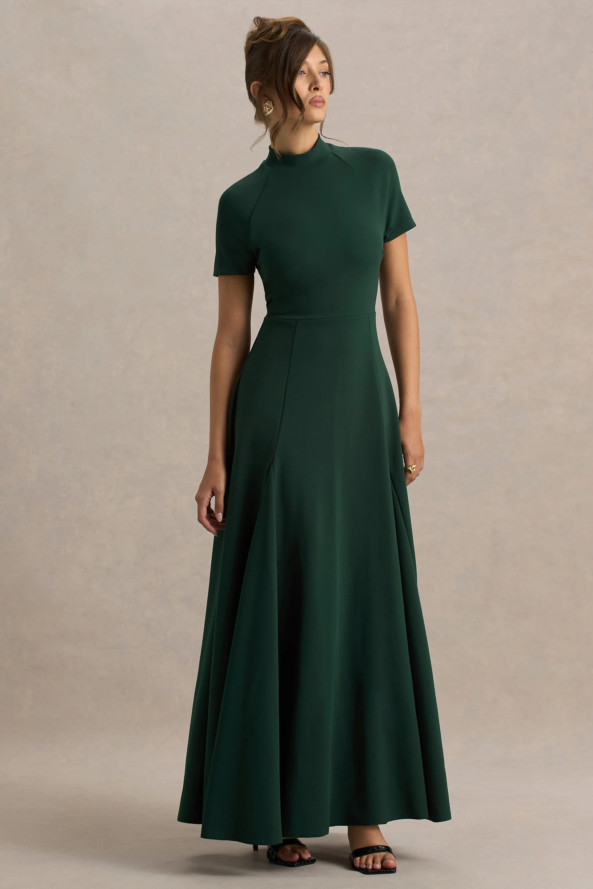 Alea | Dark Green High-Neck Short-Sleeve Maxi Dress - Image 5