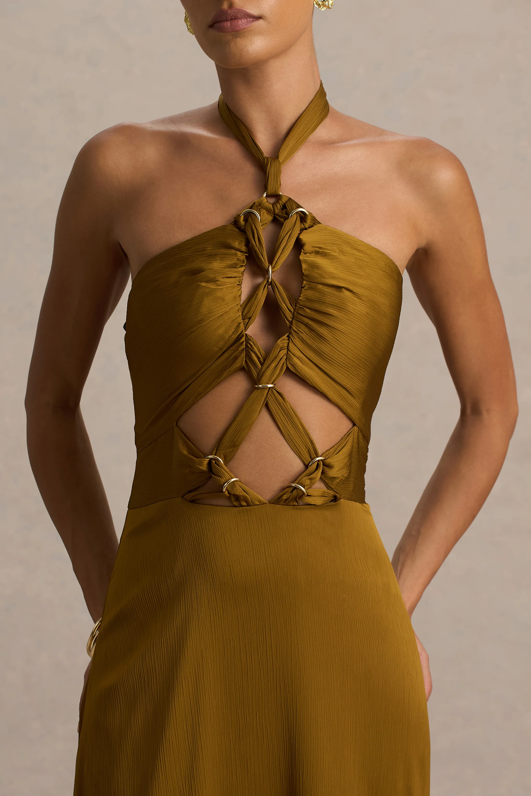 Aleera | Olive Chiffon Halter-Neck Maxi Dress With Cut-Out Detail - Image 4
