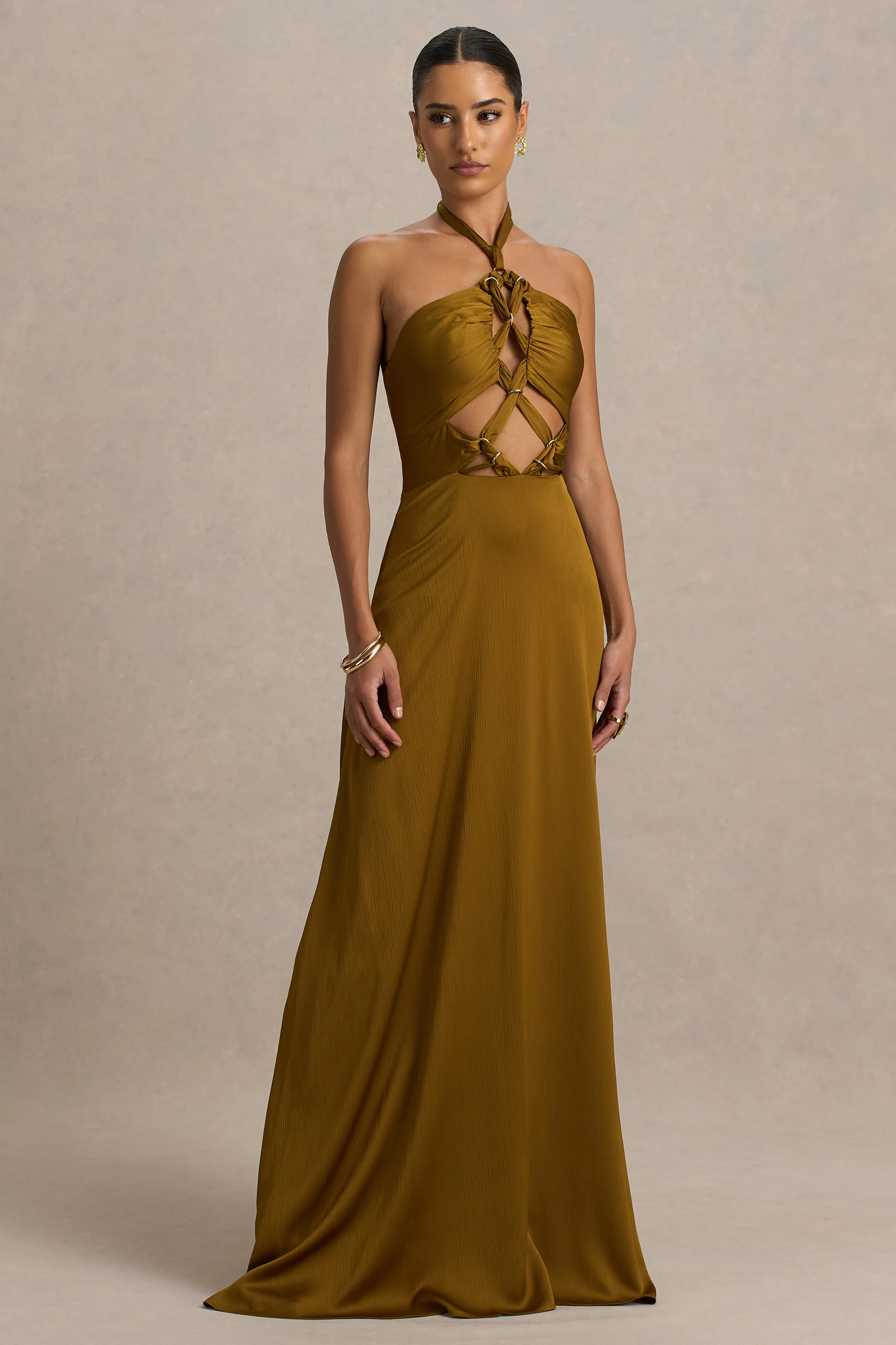 Aleera | Olive Chiffon Halter-Neck Maxi Dress With Cut-Out Detail - Image 5