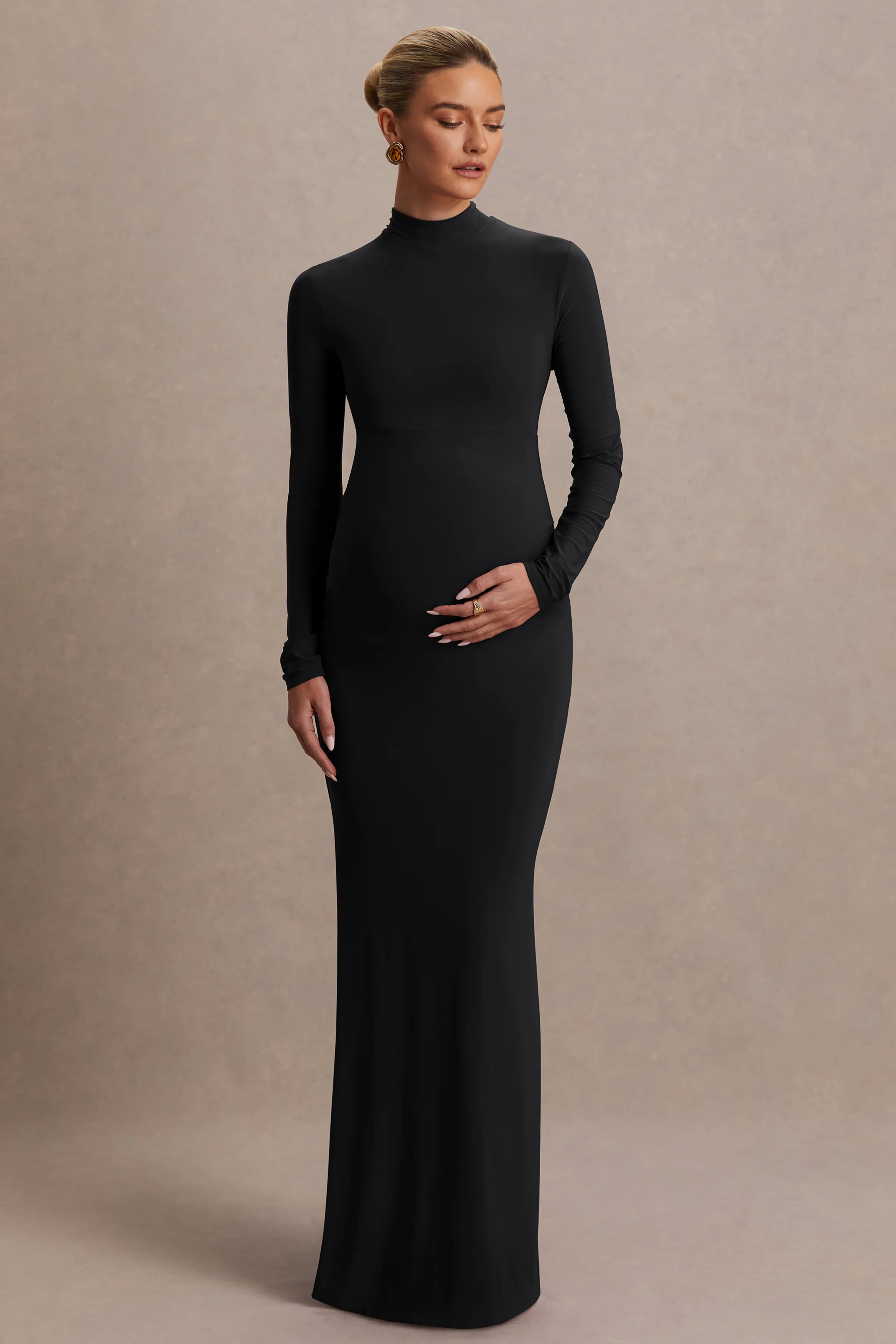 Alejandra | Black Maternity Long Sleeve High Neck Maxi Dress - Image 5